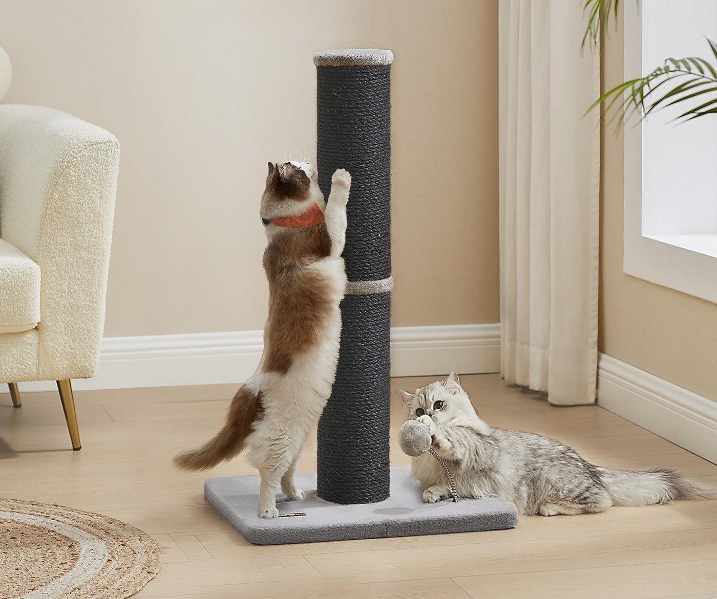 FEANDREA Kratzbaum 85 cm hoch, Katzenbaum, Sisalstamm, mit Plüschball und Glocke, XL, 13 cm dicker Stamm, Kratzstamm für mittelgroße und große Katzen