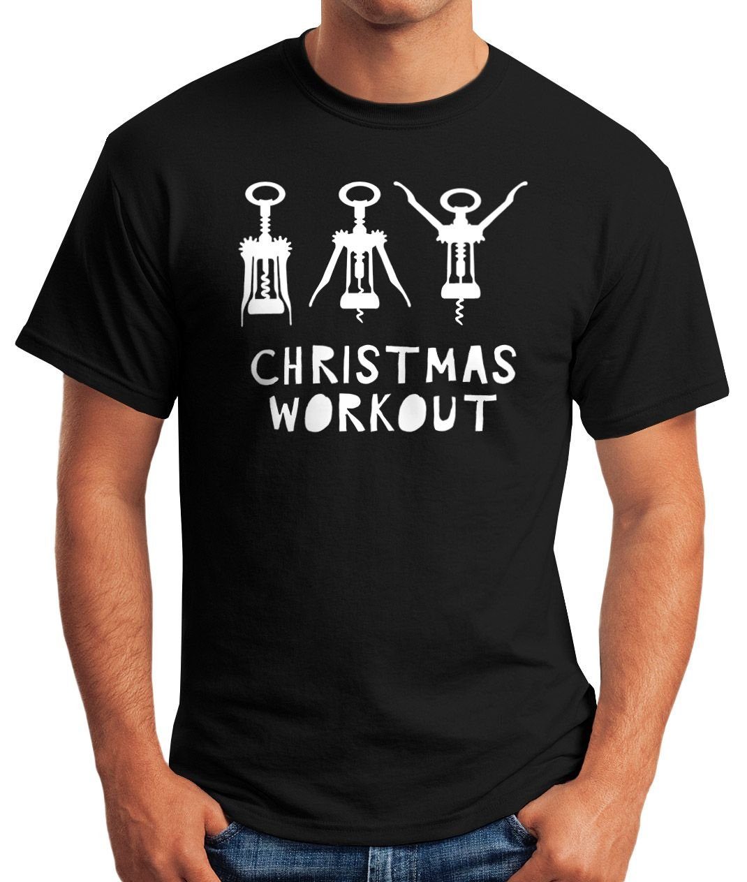 T-Shirt Korkenzieher trinken Flaschenöffner lustig Workout Christmas mit Wein Herren Print Moonworks® schwarz Print-Shirt Fun-Shirt Weihnachten MoonWorks