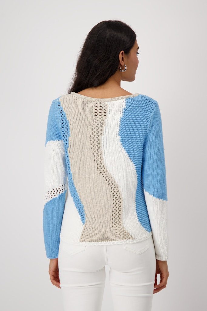 Monari Rundhalspullover Blaues Muster Trendiger Strickpullover mit auffälligem Intarsienmuster