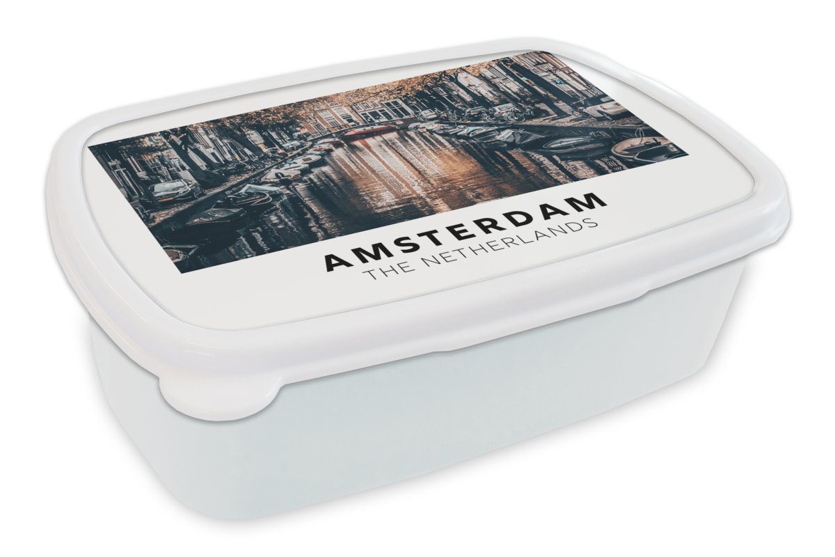 MuchoWow Lunchbox Amsterdam - Niederlande - Wasser, Kunststoff, (2-tlg), Brotbox für Kinder und Erwachsene, Brotdose, für Jungs und Mädchen weiß