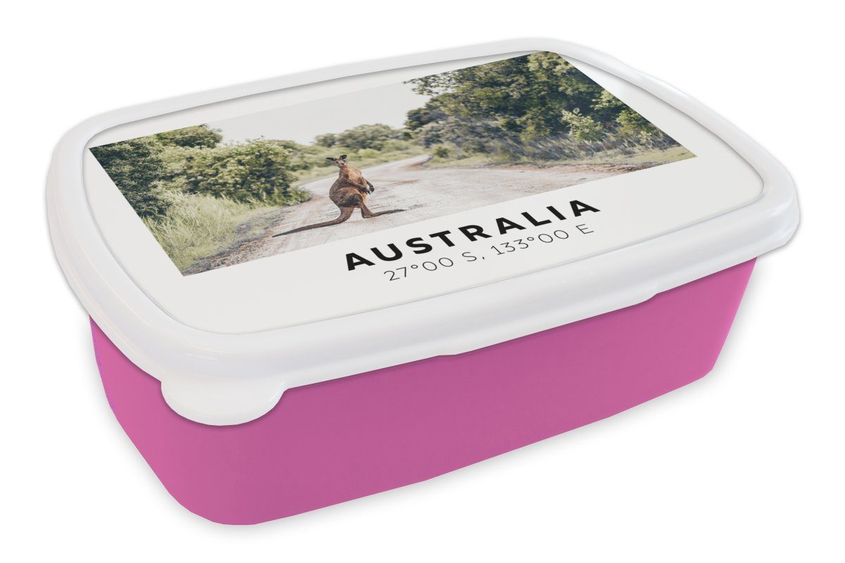 MuchoWow Lunchbox Känguru - Australien - Tiere, Kunststoff, (2-tlg), Brotbox für Erwachsene, Brotdose Kinder, Snackbox, Mädchen, Kunststoff rosa