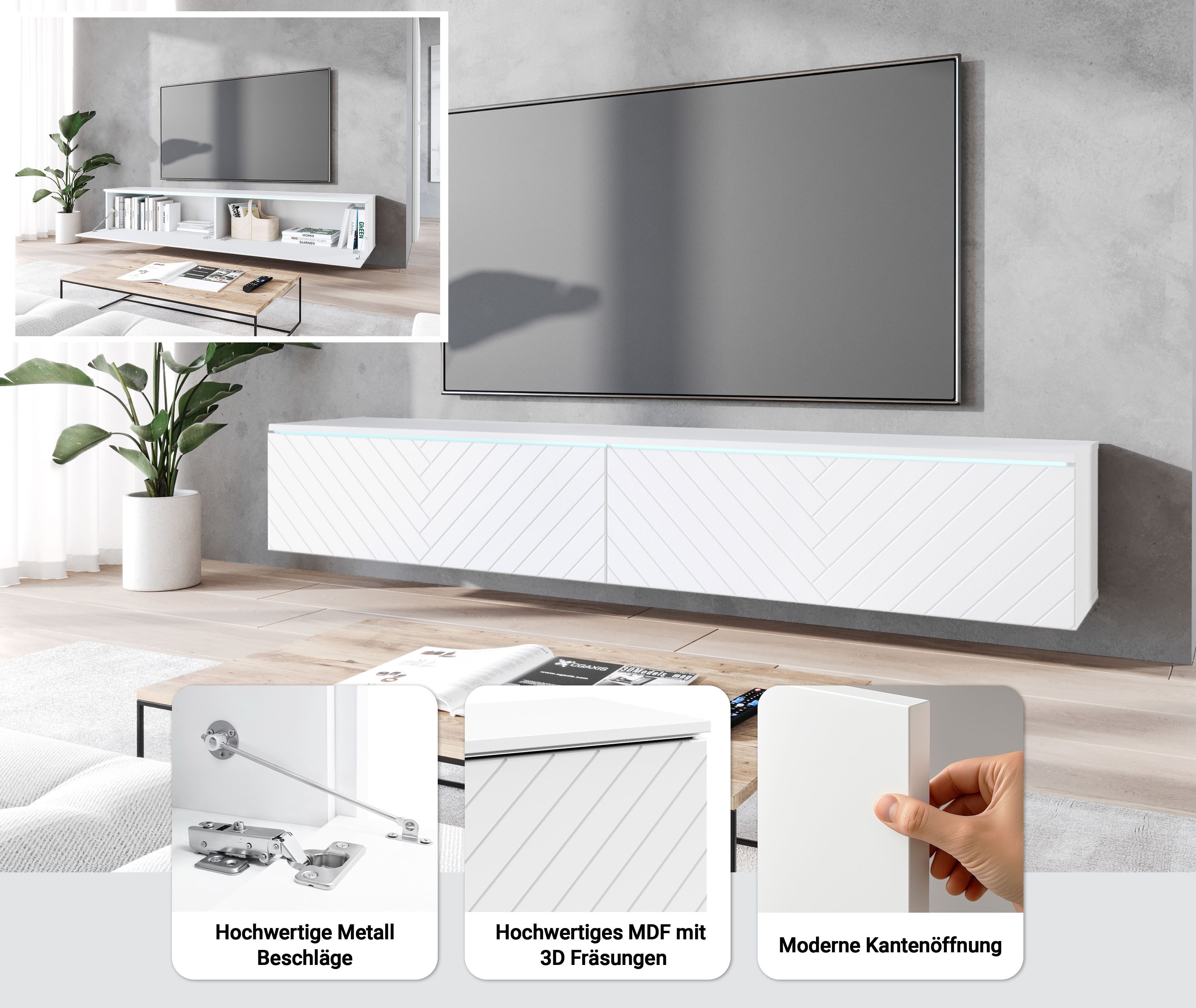 Home affaire Lowboard Vera, wahlweise mit oder ohne Beleuchtung, gefräste MDF Front mit 3D Effekt, stehend und hängend montierbar