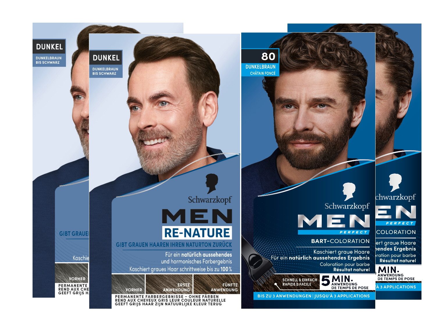 Schwarzkopf Bartfarbe Men Perfect Dunkelbraun 2x 30 ml & Men Re-Nature Dunkel 2x 145 ml, Haar & Bart 4er Set, 4-tlg., für schnelles Kaschieren grauer Haare