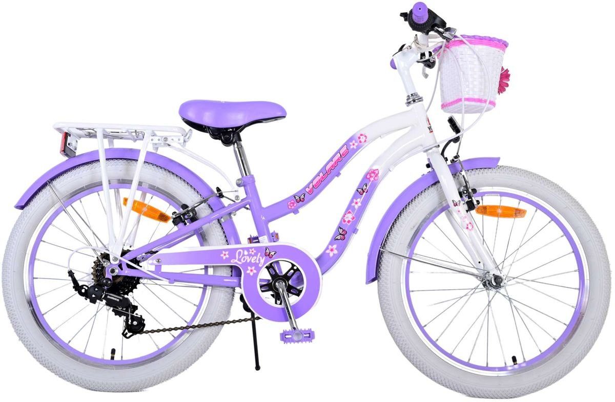 Volare Kinderfahrrad 20 ZOLL Kinder Mädchen Lila Fahrrad Gänge, Kinderfahrrad Korb, Kettenschaltung, Rad Gepäckträger LOVELY Gänge 7 7 7 Gang 22125, Seitenständer, Shimano