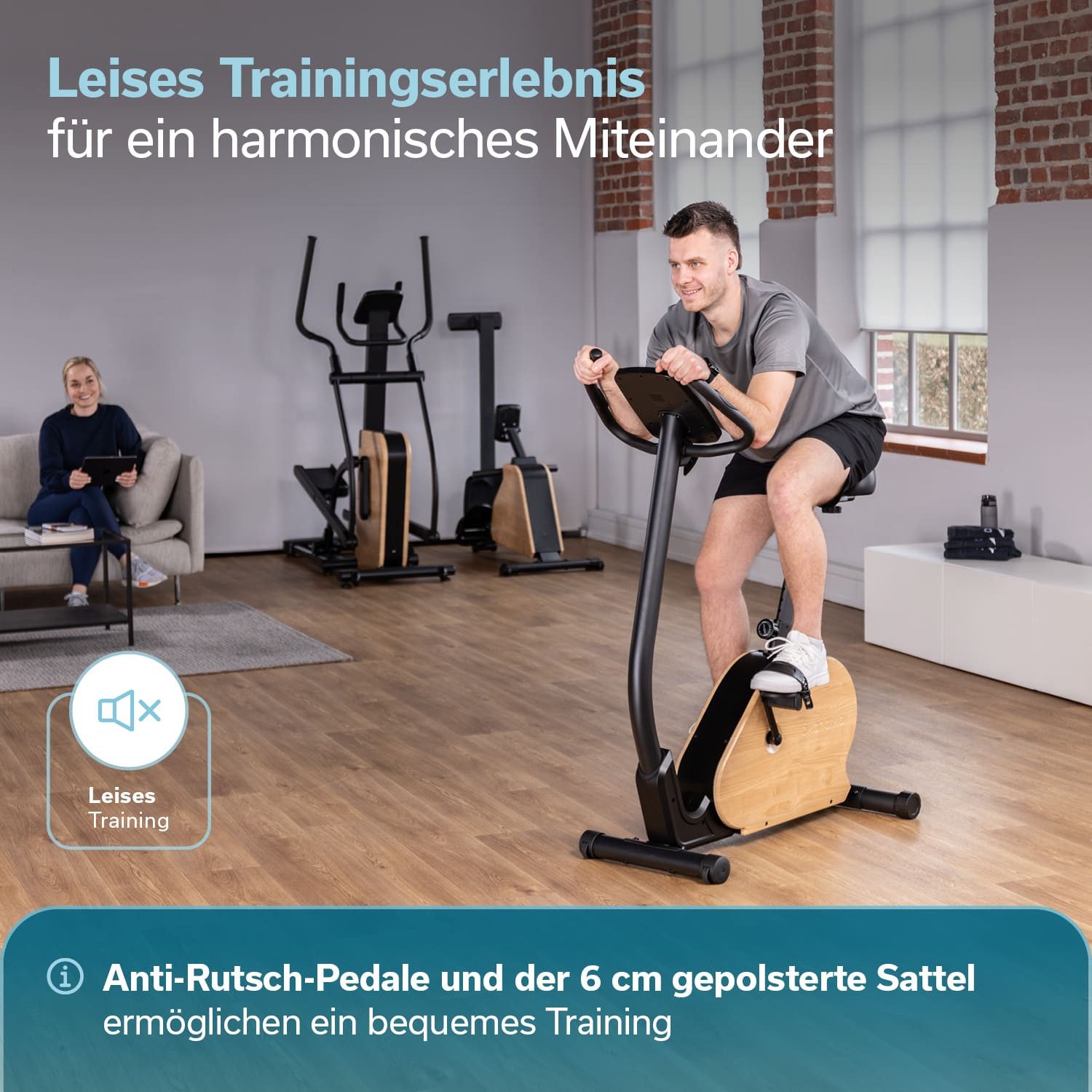 Skandika Ergometer Treliv P8, Heimtrainer aus Eisen mit Holz, LED Display, 22 Programme (Transportrollen, Tablet-Halterung, Kinomap App kompatibel, bis 120 kg), Magnetbremse 32 Stufen, Sattel & Lenker verstellbar, Bluetooth
