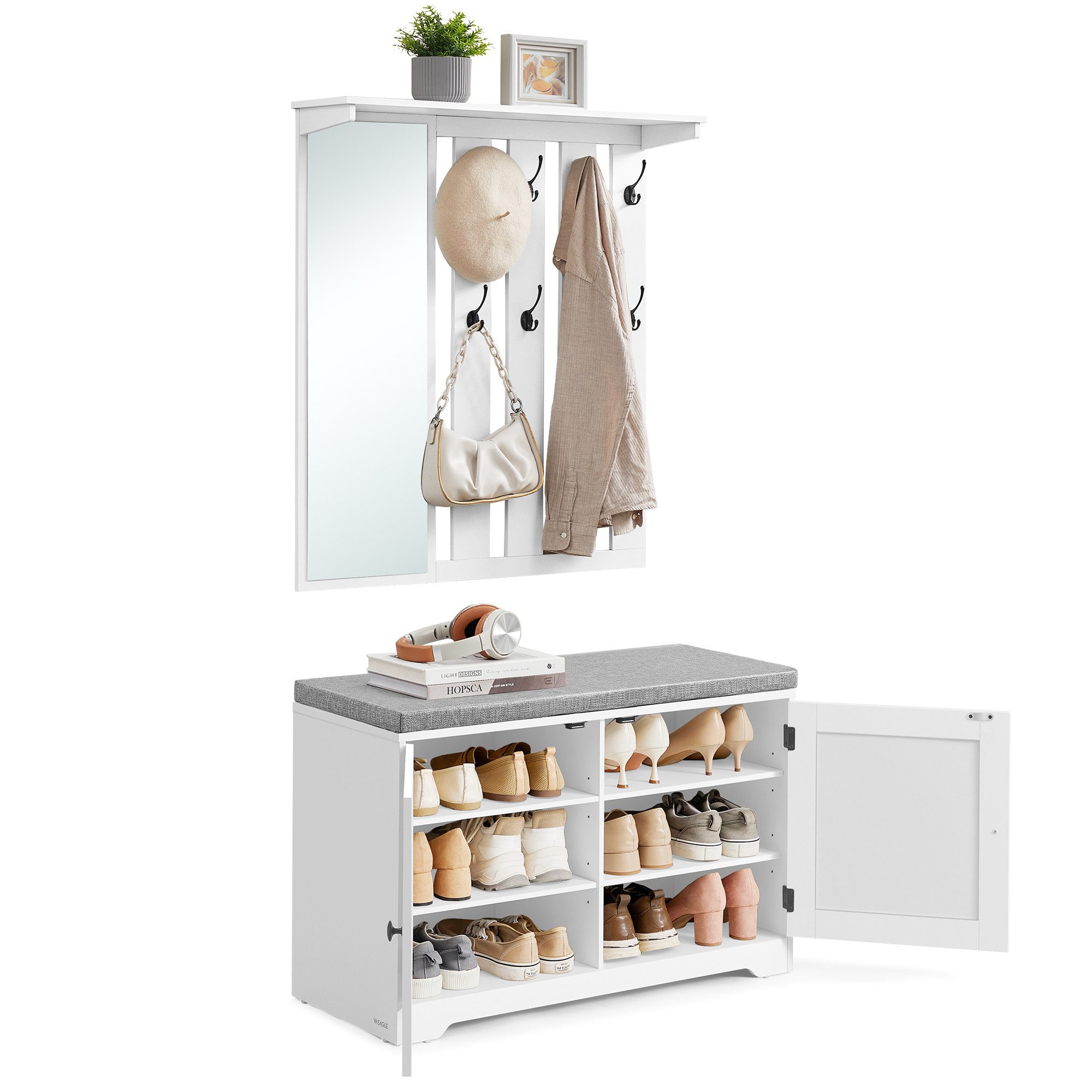 VASAGLE Schuhbank, Schuhbank Wandgarderobe Set, Garderobe mit Spiegel, 8 Do günstig online kaufen