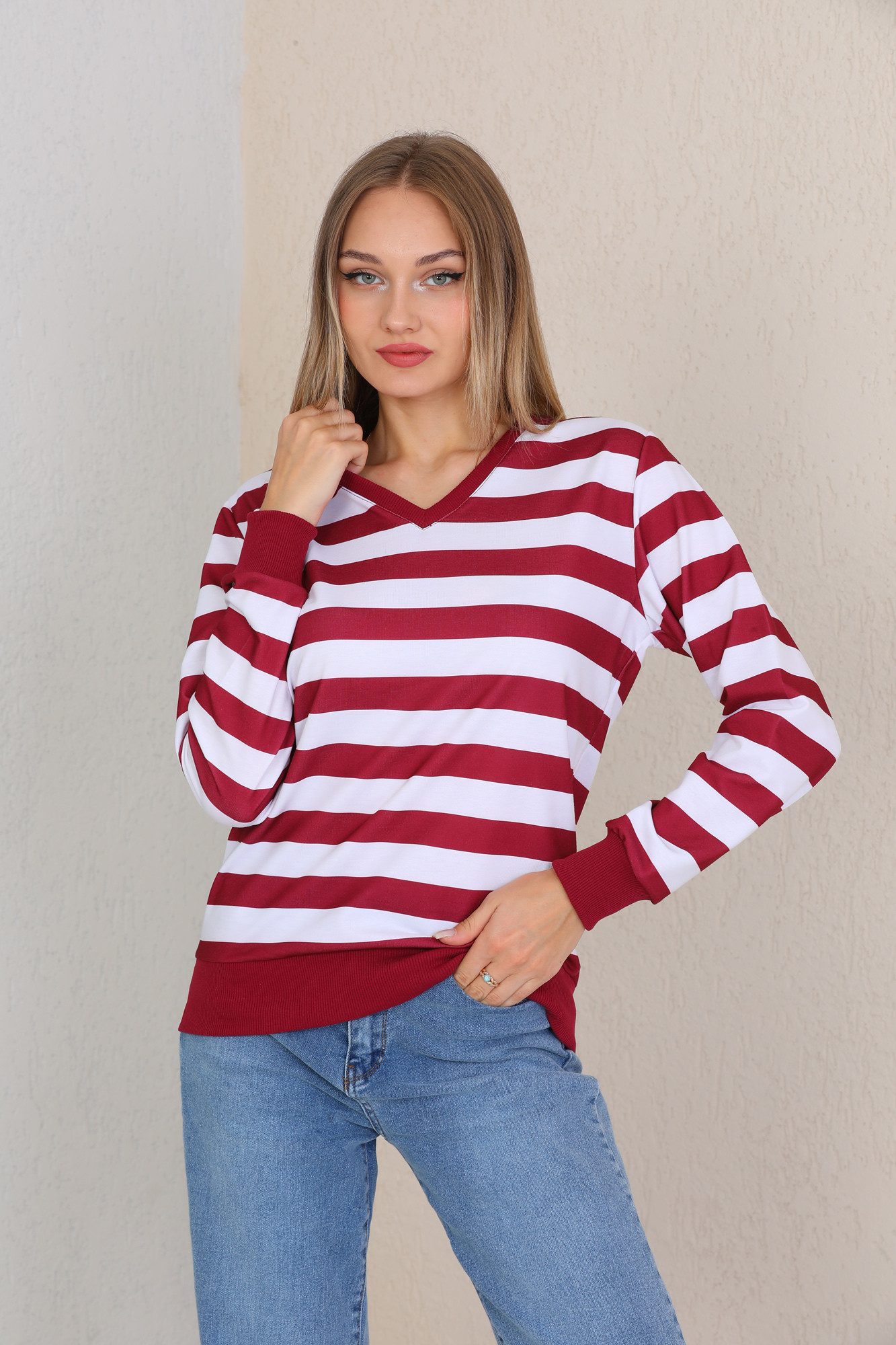 Bongual Sweatshirt langarm Streifen V-Ausschnitt Longsleeve
