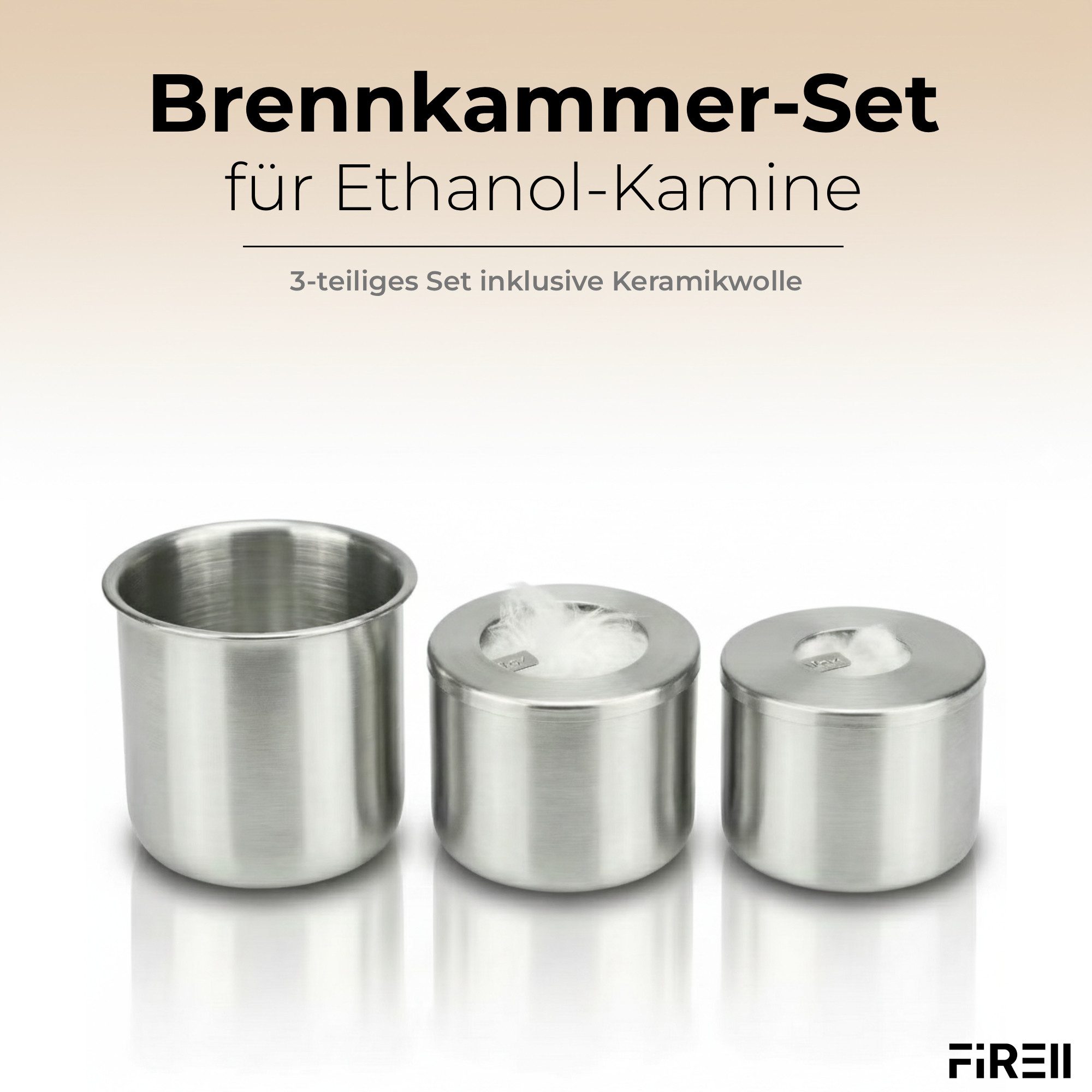 FIRELL Tischfeuer Ethanol Brenner 125ml (3-teilig), Rostfreier Edelstahl, Variable Flammenhöhe, Extra lange Brenndauer