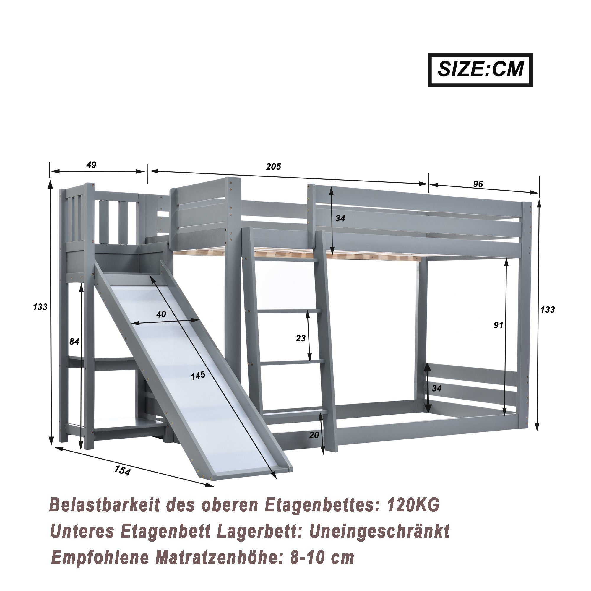 Kinderbett Lattenrost Holzbett grau mit oberem Flieks Kiefer Etagenbett, 90x200cm