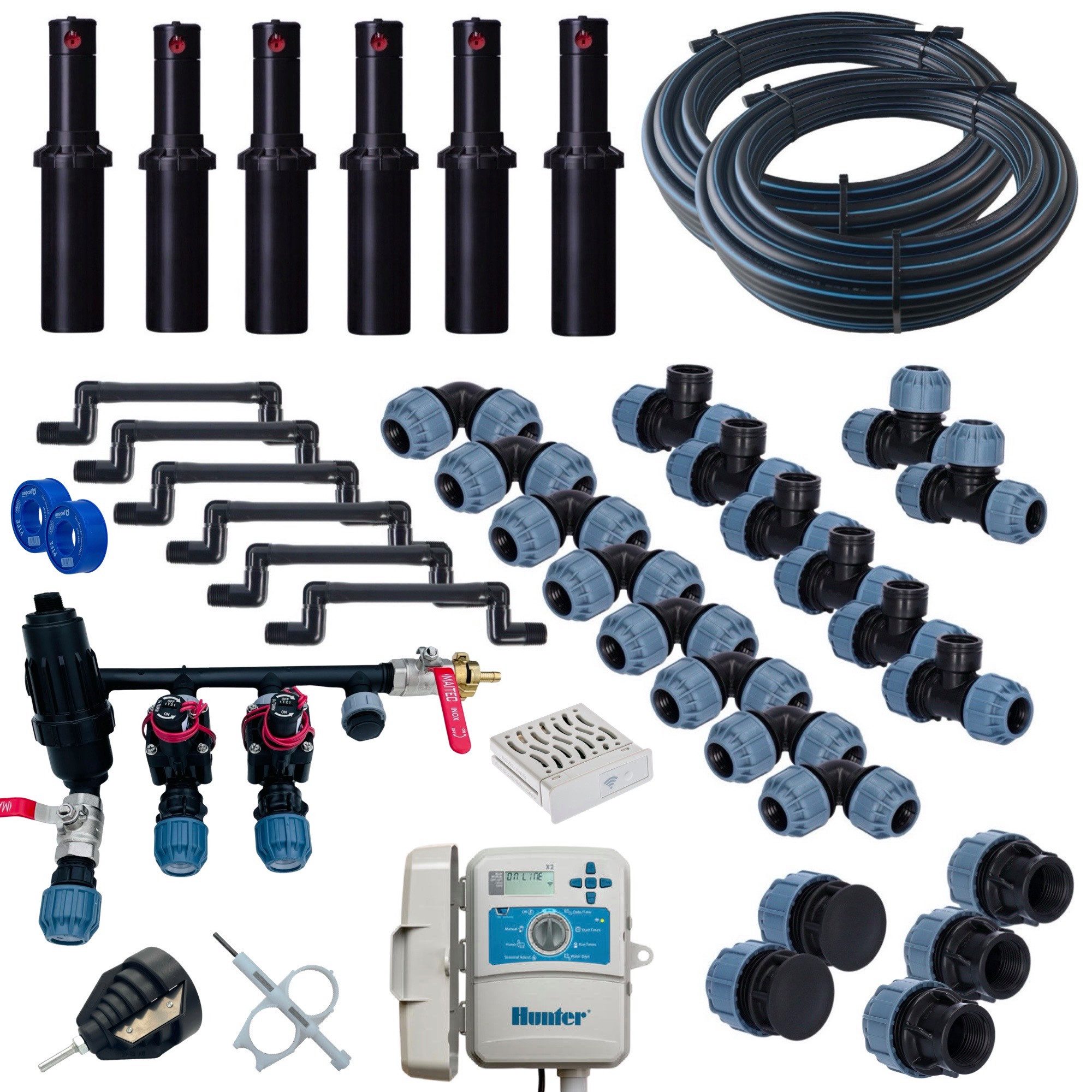 STEMAX-Wassertechnik Bewässerungssystem Hunter Bewässerungsset bis 200m² für Garten- & Rasenbewässerung, (Set, Für Gärten 100 m² bis 200 m), Komplettset, flexibel, unterirdisch, Hunter Qualität, erweiterbar