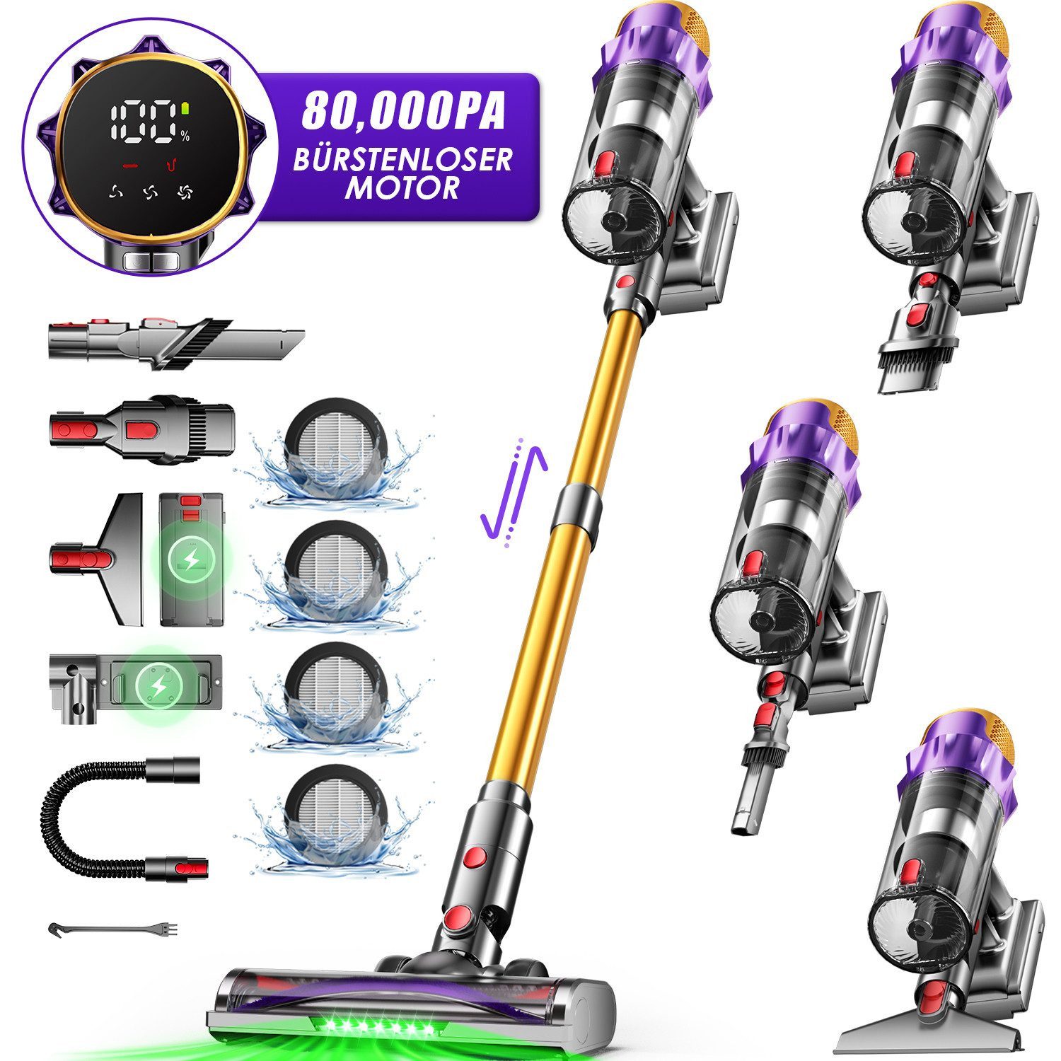 Hiazurm Akku-Hand-und Stielstaubsauger Akku Staubsauger,80000pa Akkusauger,70Min/2L, Kabelloser Staubsauger mit LED-Display,HEPA*4, Super Leise Stabstaubsauger für Tierhaare und Teppiche