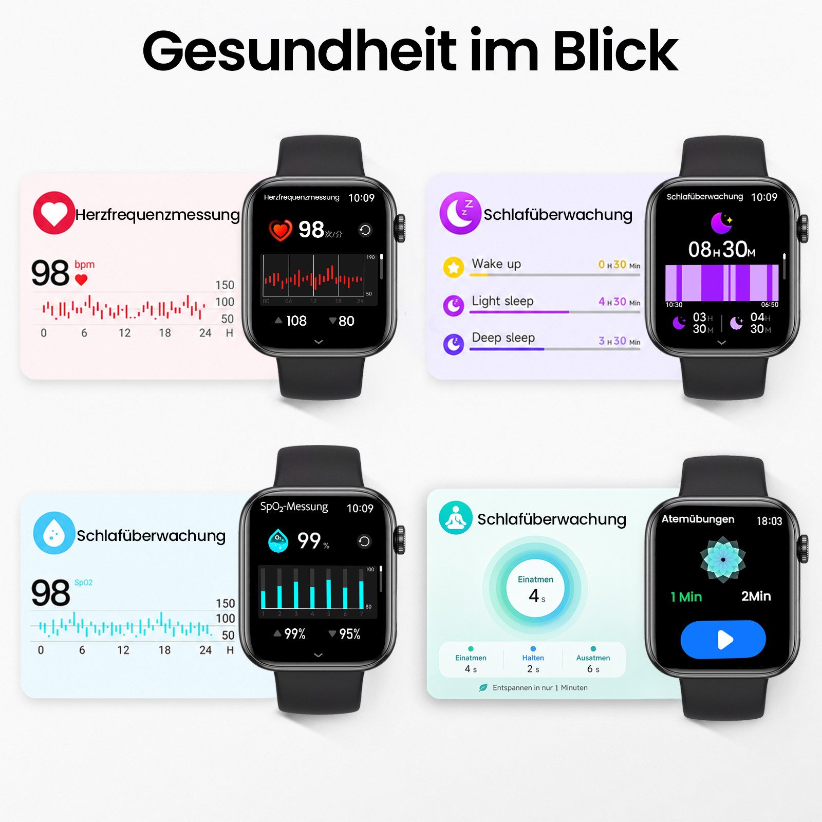 Whraills 2026 Smartwatch Herren Damen 1.83 " AMOLED Display Smartwatch 800mAh Smartwatch, Herzfrequenz-/Atemübungen-/SpO2-/Schlafüberwachung für Android und iOS – Bild 3 von 5