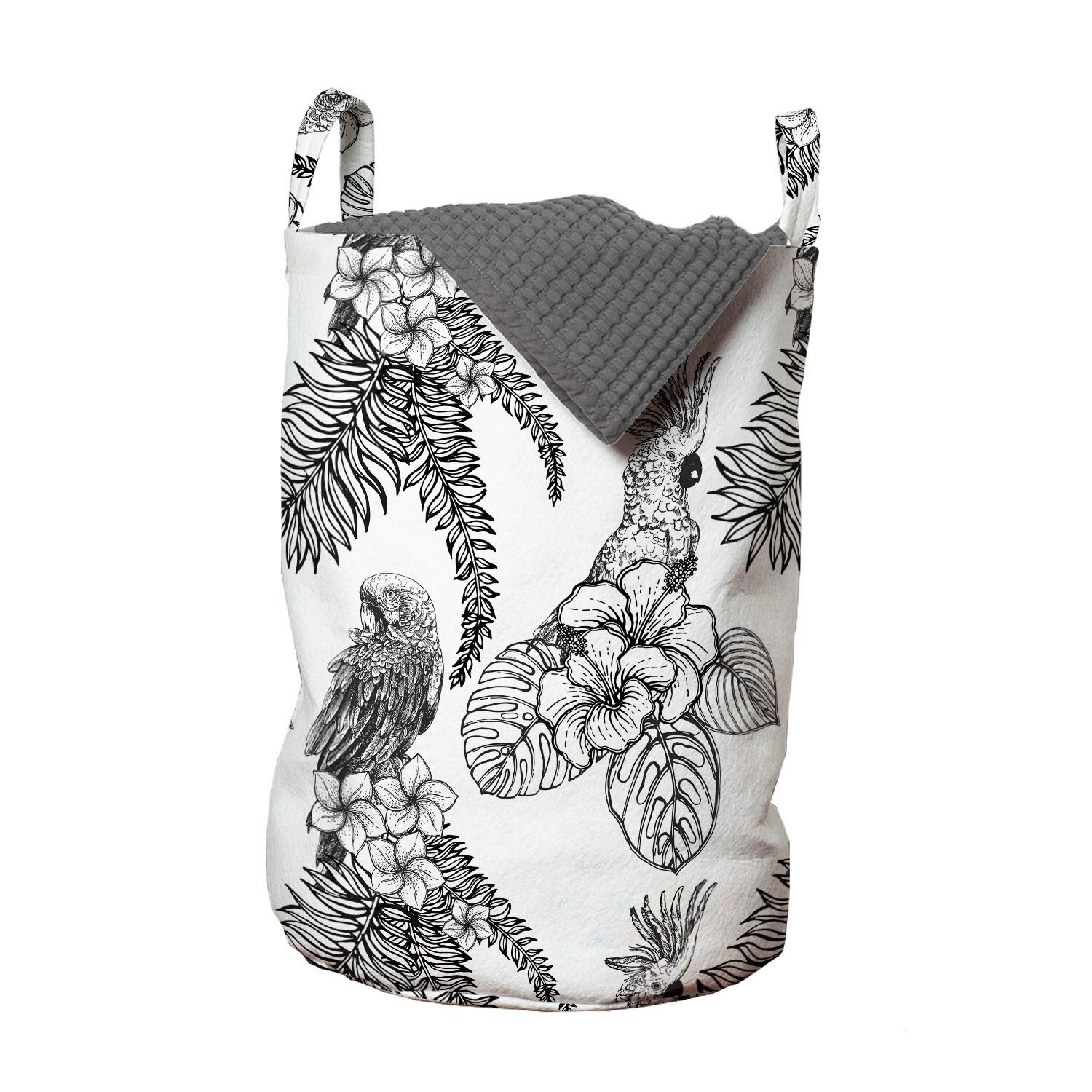 Abakuhaus Wäschesäckchen Wäschekorb mit Griffen Kordelzugverschluss für Waschsalons, Vogel-Druck Tropic Pflanzen und Vögel