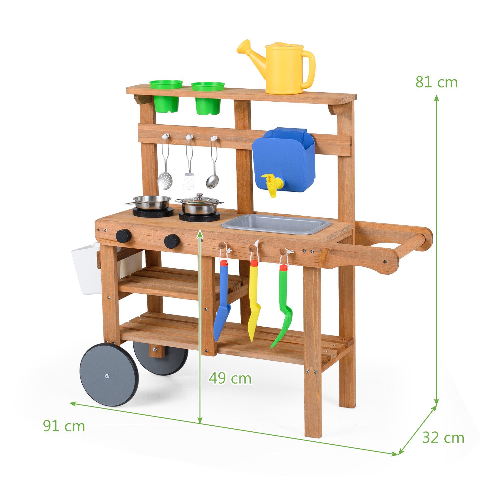 COSTWAY Outdoor-Spielküche Holz, Mit Blumentöpfen, abnehmbaren Wassertank & Waschbecken