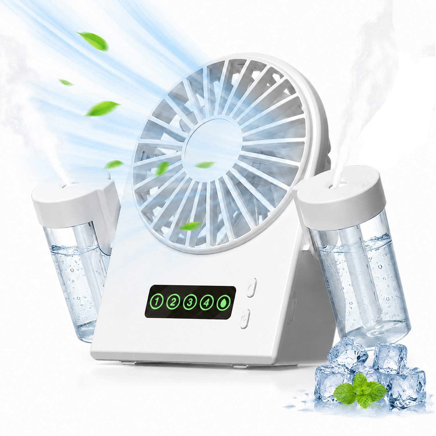 MOPUEA Tischturmventilator Mobiles 2-in-1 Sprühventilator Mini Handventilator 4 Stufen