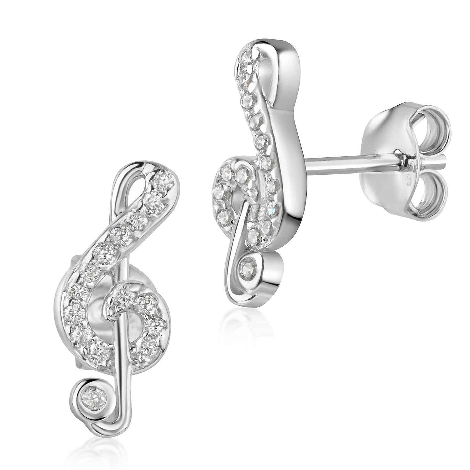 Materia Paar Ohrstecker Notenschlüssel Musik Noten Zirkonia klein SO-184, 925 Sterling Silber, rhodiniert