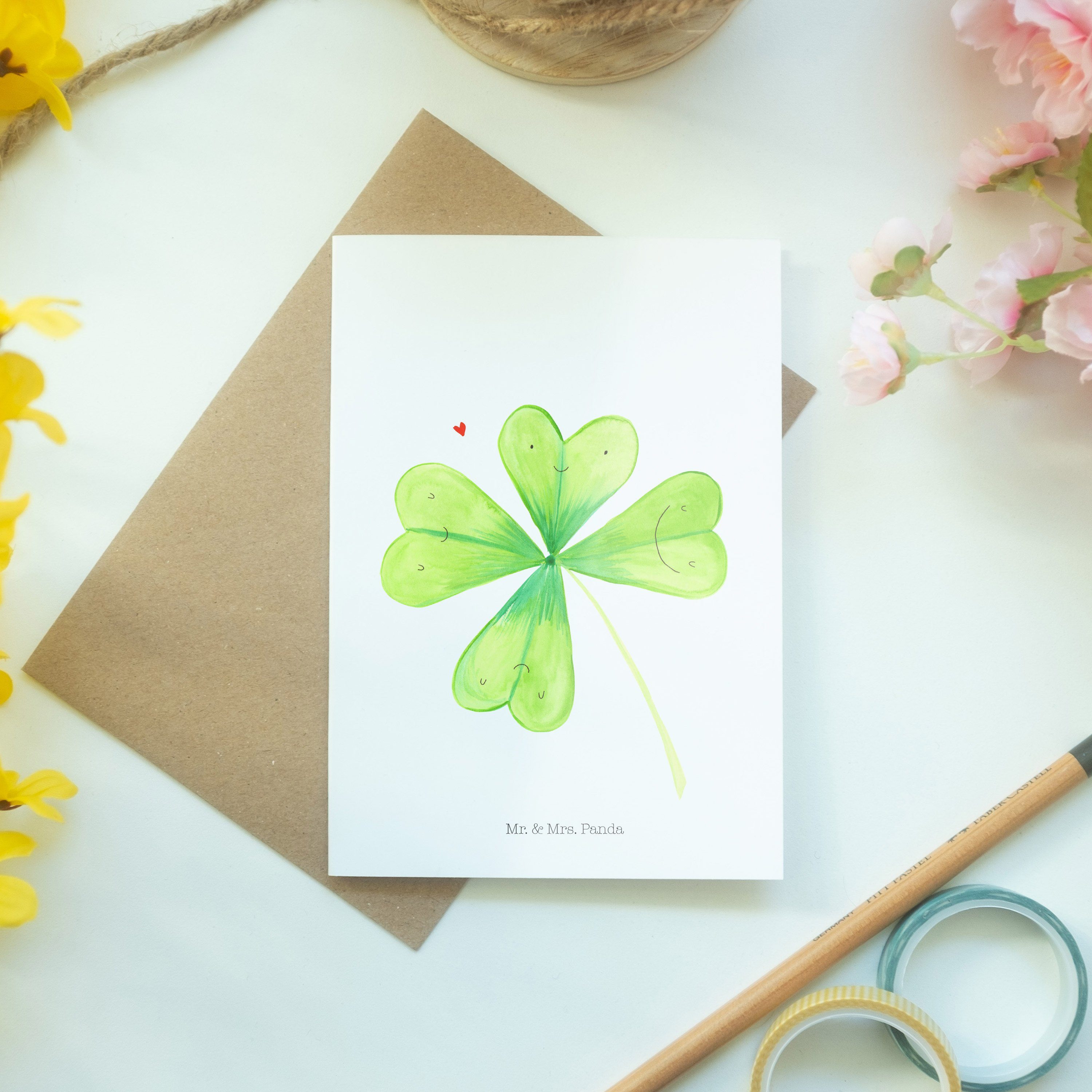 - Glü Grußkarte Mr. & Panda Geburtstagskarte, Weiß Mrs. Kleeblatt Geschenk, - Blumen, Neuanfang,