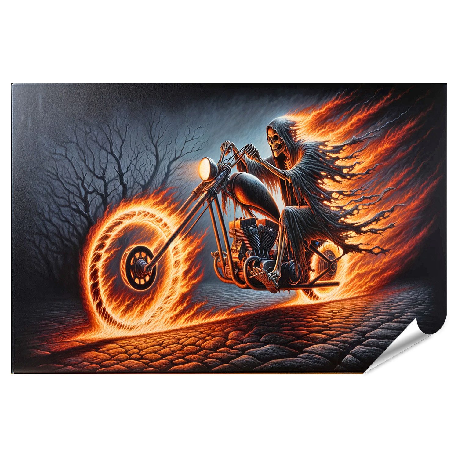 Poster Dunkle Fahrt: Skelett Motorrad und Flammen Bilder