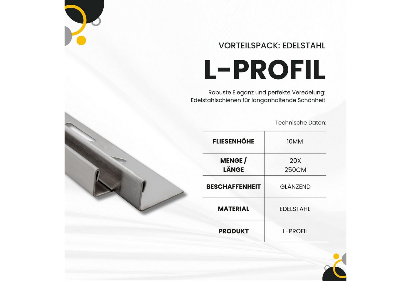 Thumbnail - tktrading24 Abschlussprofil 20x L-Profil Fliesenprofil, Edelstahl, 250 cm, 10 mm, Glänzend (Set, 20er)