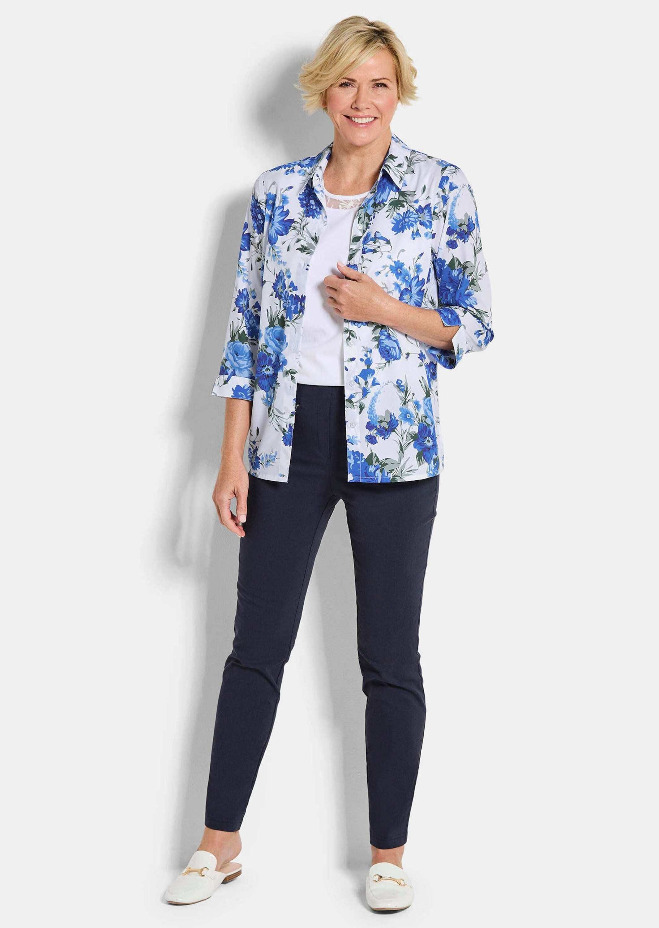 GOLDNER Klassische Bluse Hemdbluse mit Spitzenshirt Blusenshirt mit Hemdkragen, Knopfleiste, 3/4-Arm und Jersey-Top
