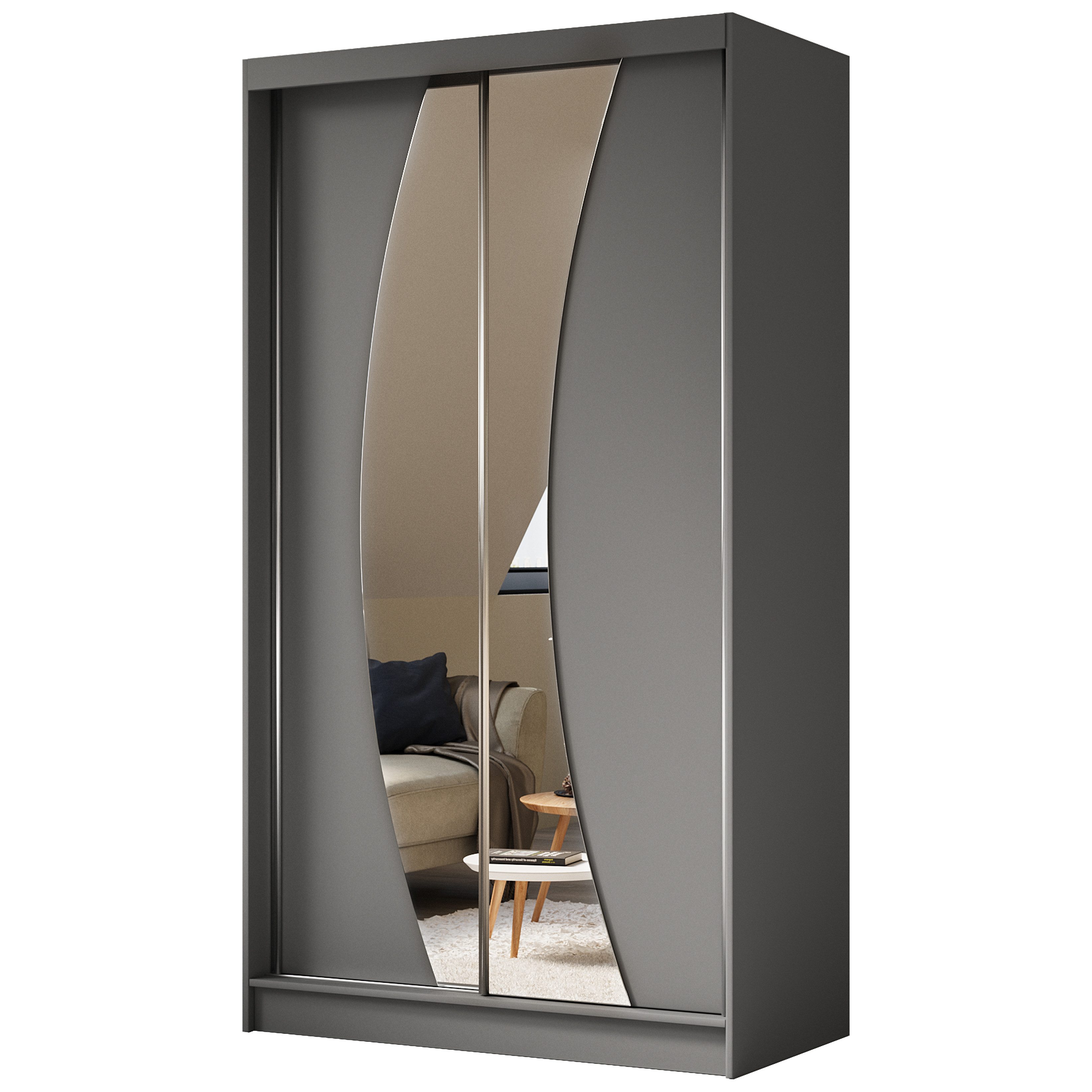 Beautysofa Schiebetürenschrank VOX II mit Spiegel & Schubladen (Schrank modern groß Schiebetüren mit Einlegeböden Kleiderstange, Kleiderschrank Schwebetürenschrank) viele Farben zur Auswahl