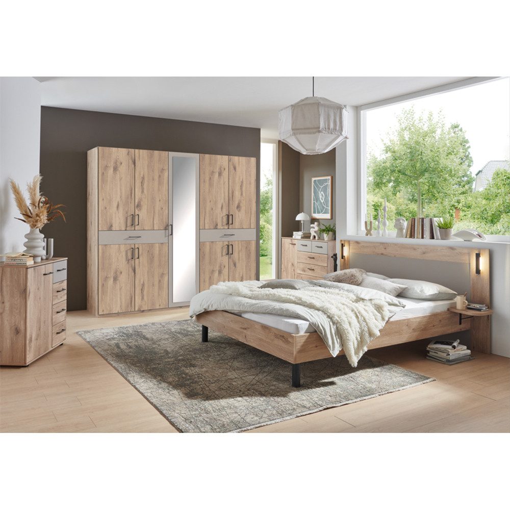 Lomadox Schlafzimmer-Set BRASOV-43, (Spar-Set, 4-tlg., Futonbett 180x200 Kommoden Kleiderschrank), Eiche Nb. mit saharagrau, inkl. Beleuchtung