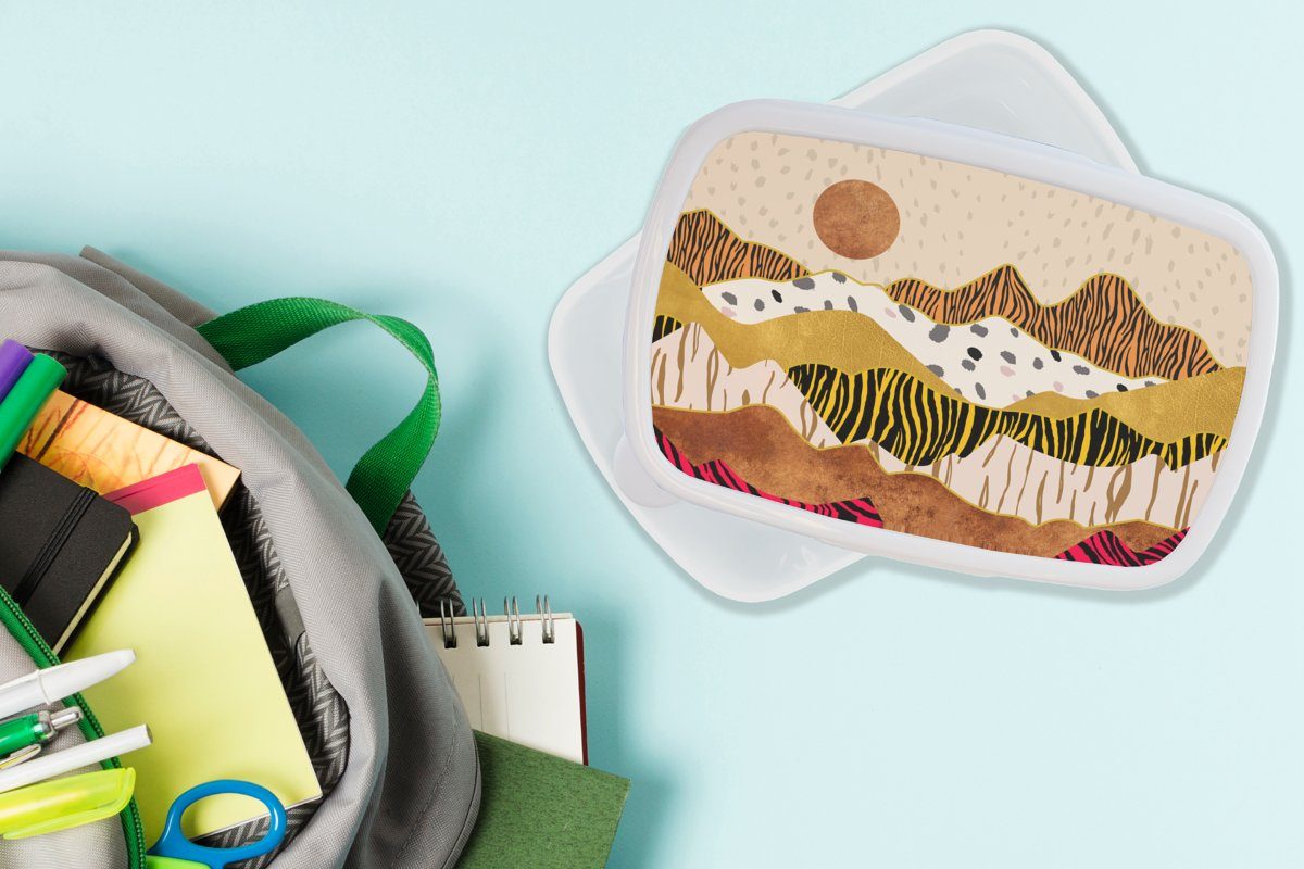 (2-tlg), weiß und - Druck Druck - Tiger und Abstrakt, Tiger - - MuchoWow Erwachsene, Brotbox Brotdose, für Mädchen Kunststoff, - Jungs Kinder Pastell Gold Lunchbox für