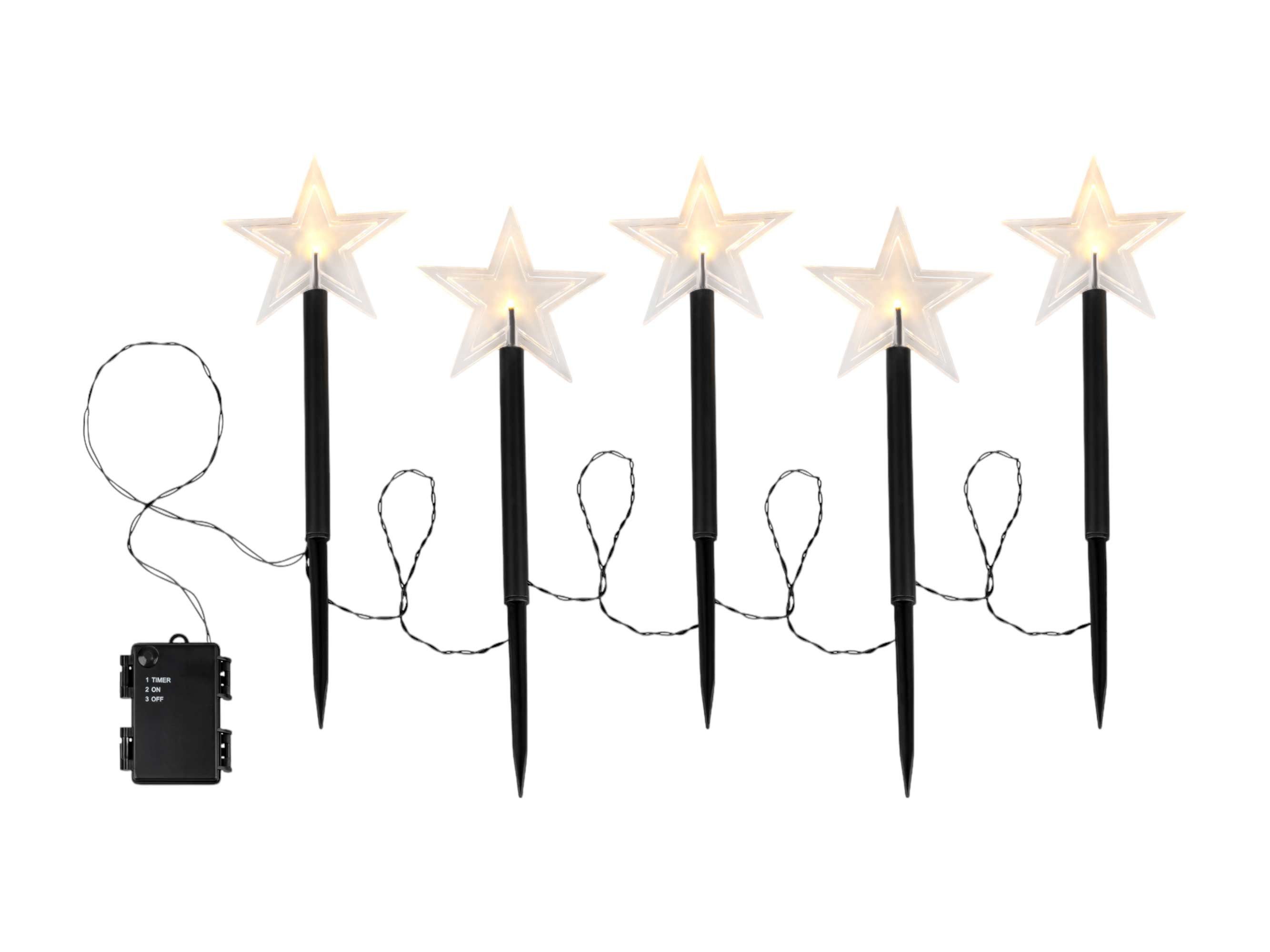 FHS Gartenstecker (Set, 5-St., 5-teilig) Sterne 23cm warmweiß mit 6/18h Timer Batterie 1,6m