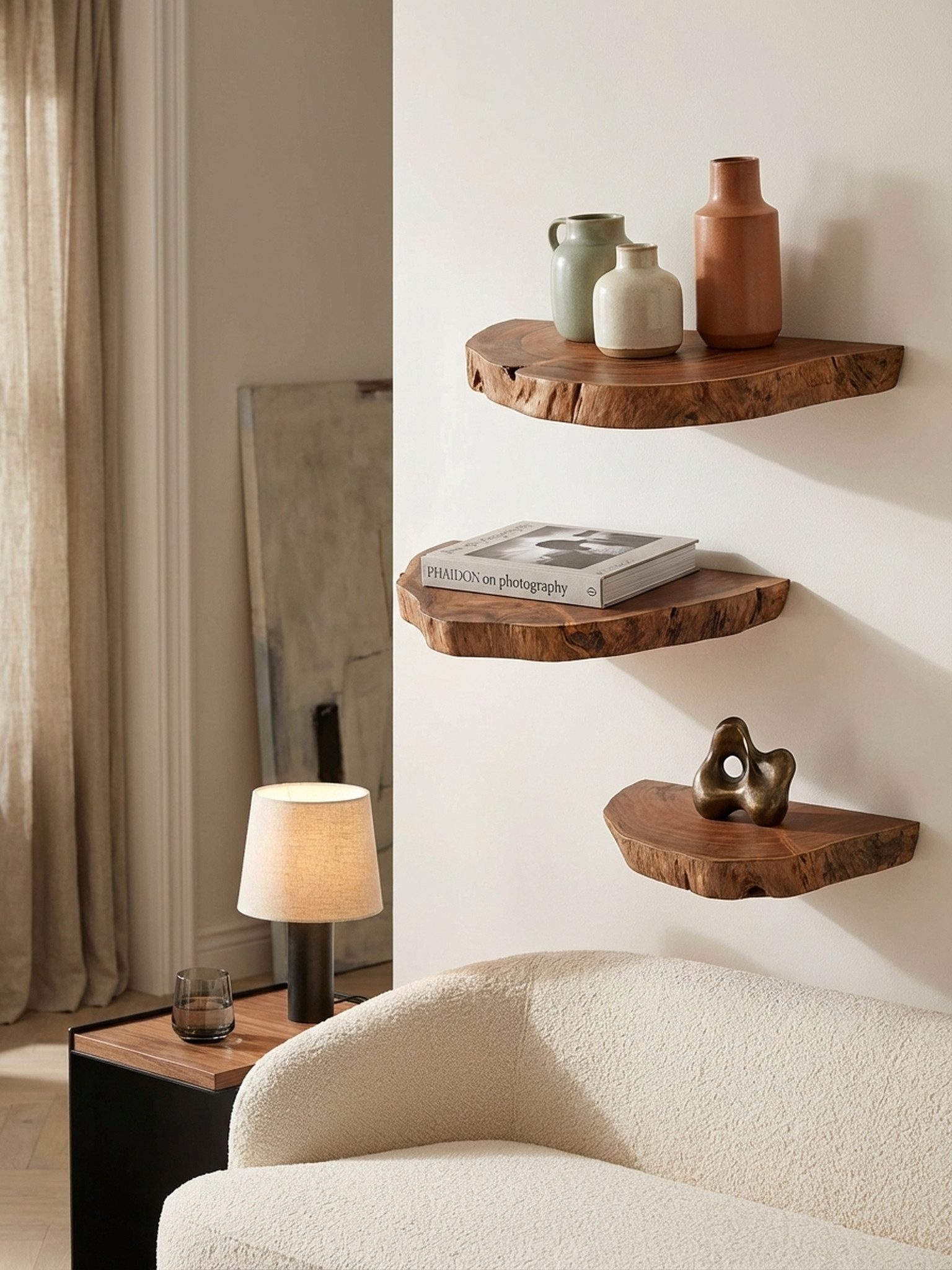KADIMA DESIGN Wandregal Wandregal 3er Set Akazie Vollholz Hängeregal Baumscheibe, Natur, Blumentreppe Baumstamm Modern, Pflanzentreppe für die Wand, Schweberegal Hängend mit Baumkante