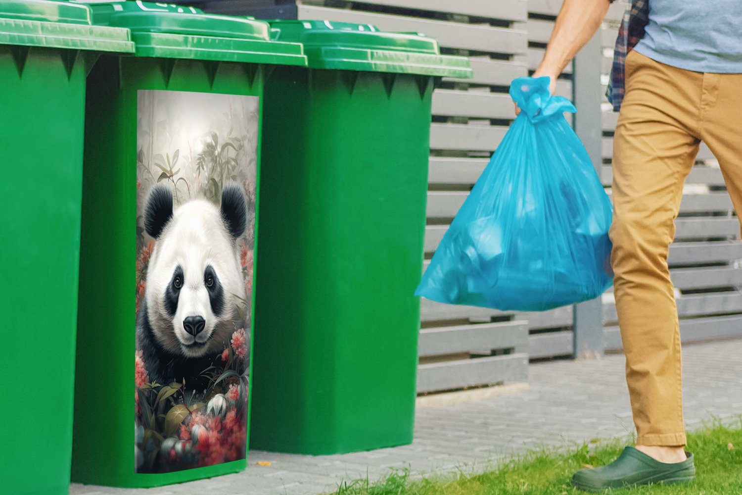 St), Blumen - Wandsticker Panda Sticker, (1 Abfalbehälter Mülltonne, Wildtiere Natur Container, - MuchoWow Mülleimer-aufkleber, -