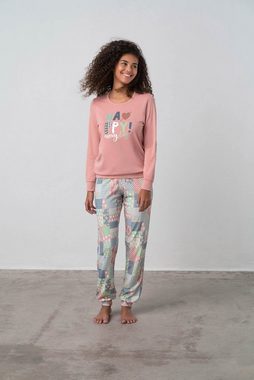 Vamp Schlafanzug (Set, 2 tlg., Set) Damen Schlafanzug 2-teilig, Pyjama Langarm, Baumwolle, pink bunt