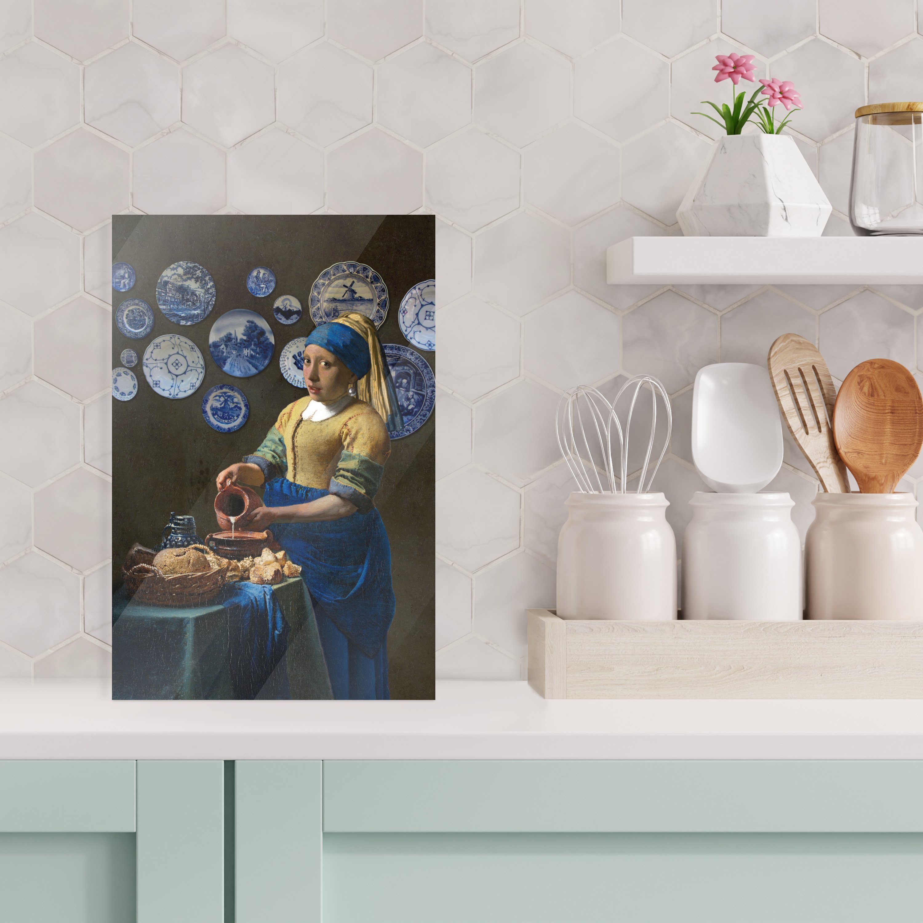 MuchoWow Acrylglasbild Das Bilder Glas Wandbild mit - Milchmädchen Glas auf - Glasbilder Vermeer, - Mädchen (1 - dem Perlenohrring Foto Wanddekoration St), auf 