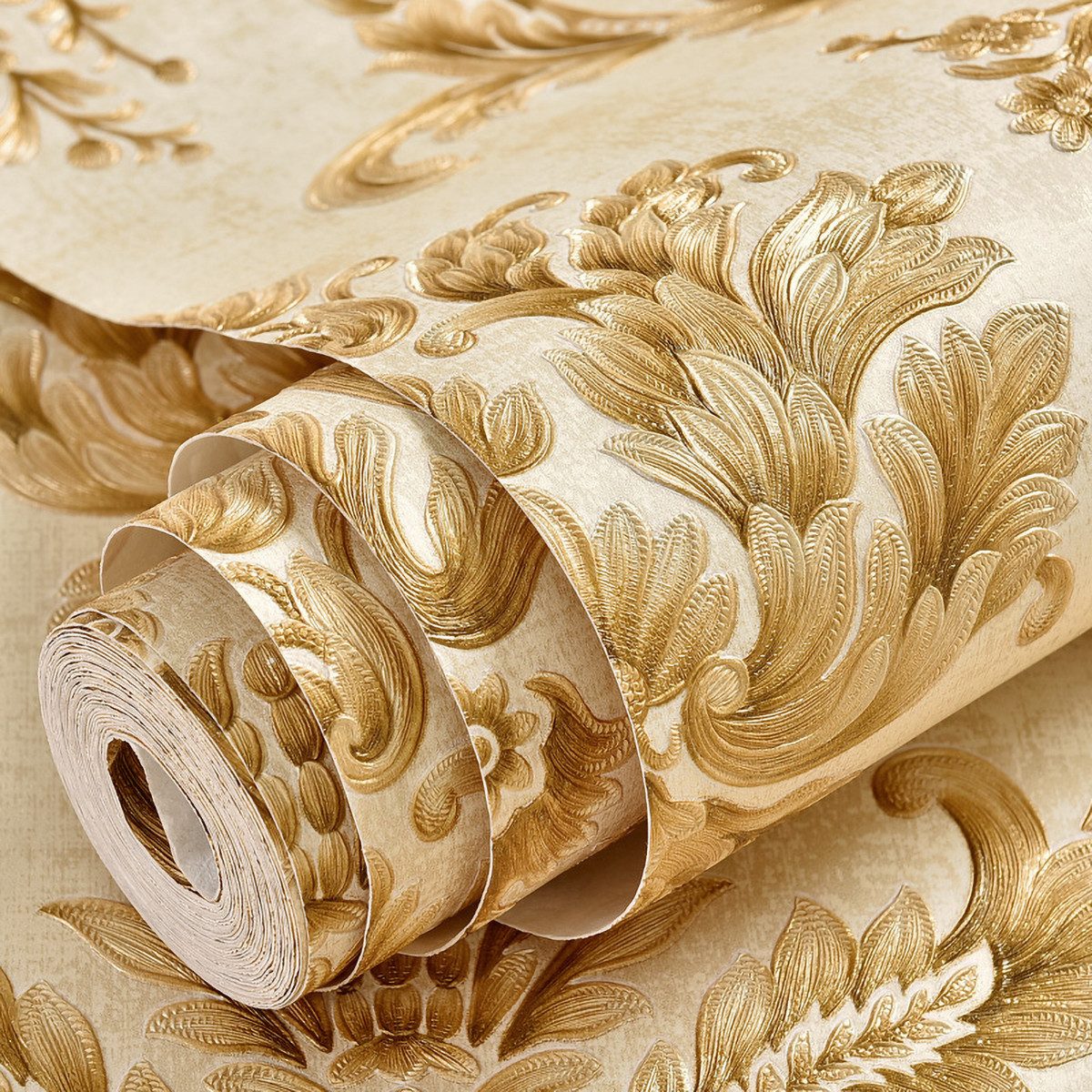 GOOLOO Vliestapete 3D Tapete Europäischen Stil Luxus Goldene Selbstklebend Wandpaneele, Damaskus Tapeten Rolle 53×300cm, Wohnzimmer Schlafzimmer Wohnkultur PVC Vinyl Tapeten