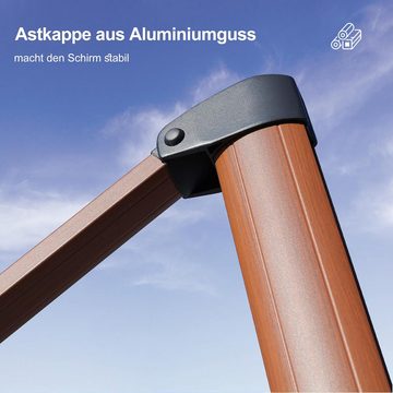PURPLE LEAF Sonnenschirm Ampelschirm aus Aluminium-Holzimitat mit Kurbel,360° drehbar, Doppeldach Gartenschirm mit, Aluminiumholzmaserung