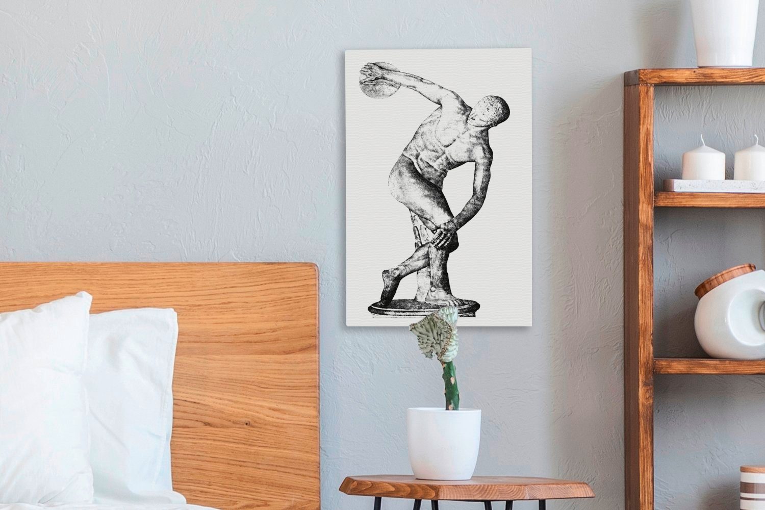 einer (1 Leinwandbild geschnitzten Illustration bespannt Leinwandbild OneMillionCanvasses® Gemälde, fertig St), inkl. Statue Zackenaufhänger, 20x30 cm Diskuswerfer, namens