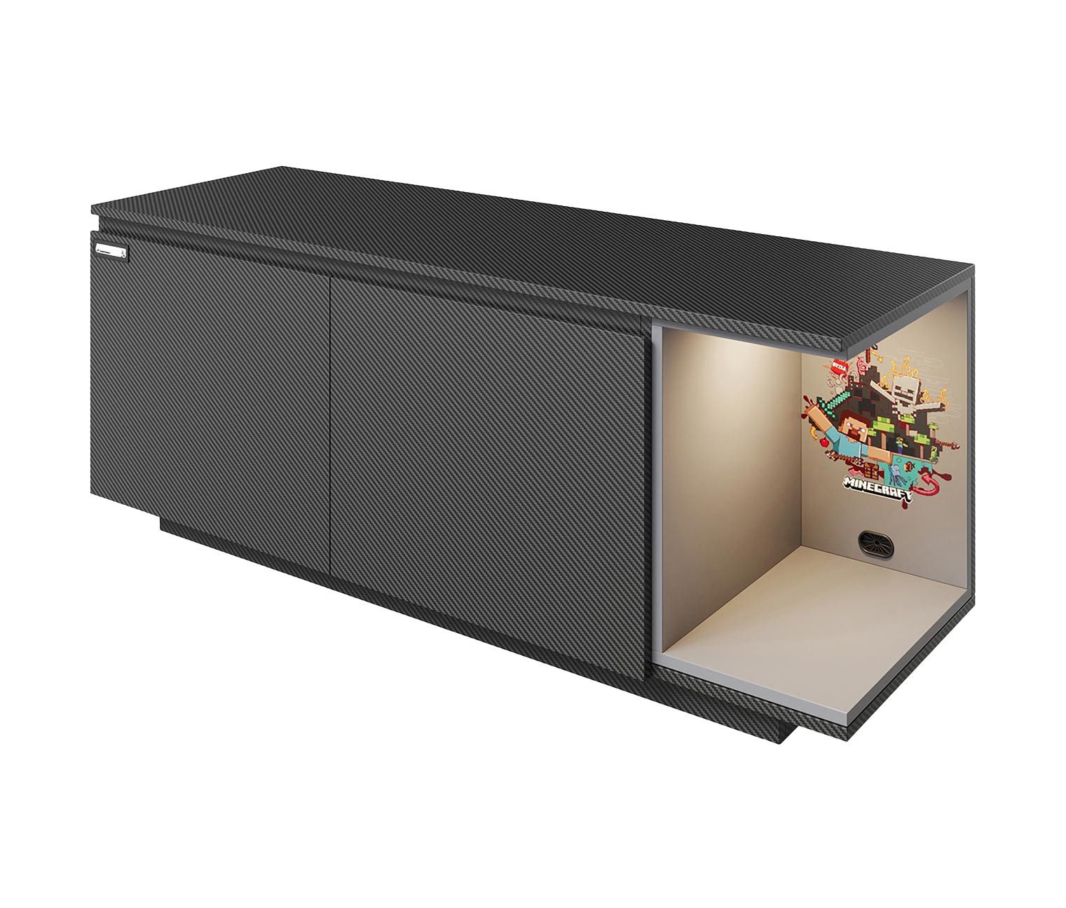 Minecraft Lowboard für TV oder Fernseher - mit indirekter Beleuchtung, schwarzes Sideboard aus Holzin Carbon Optik - 2 Türen & 1 offenes Fach
