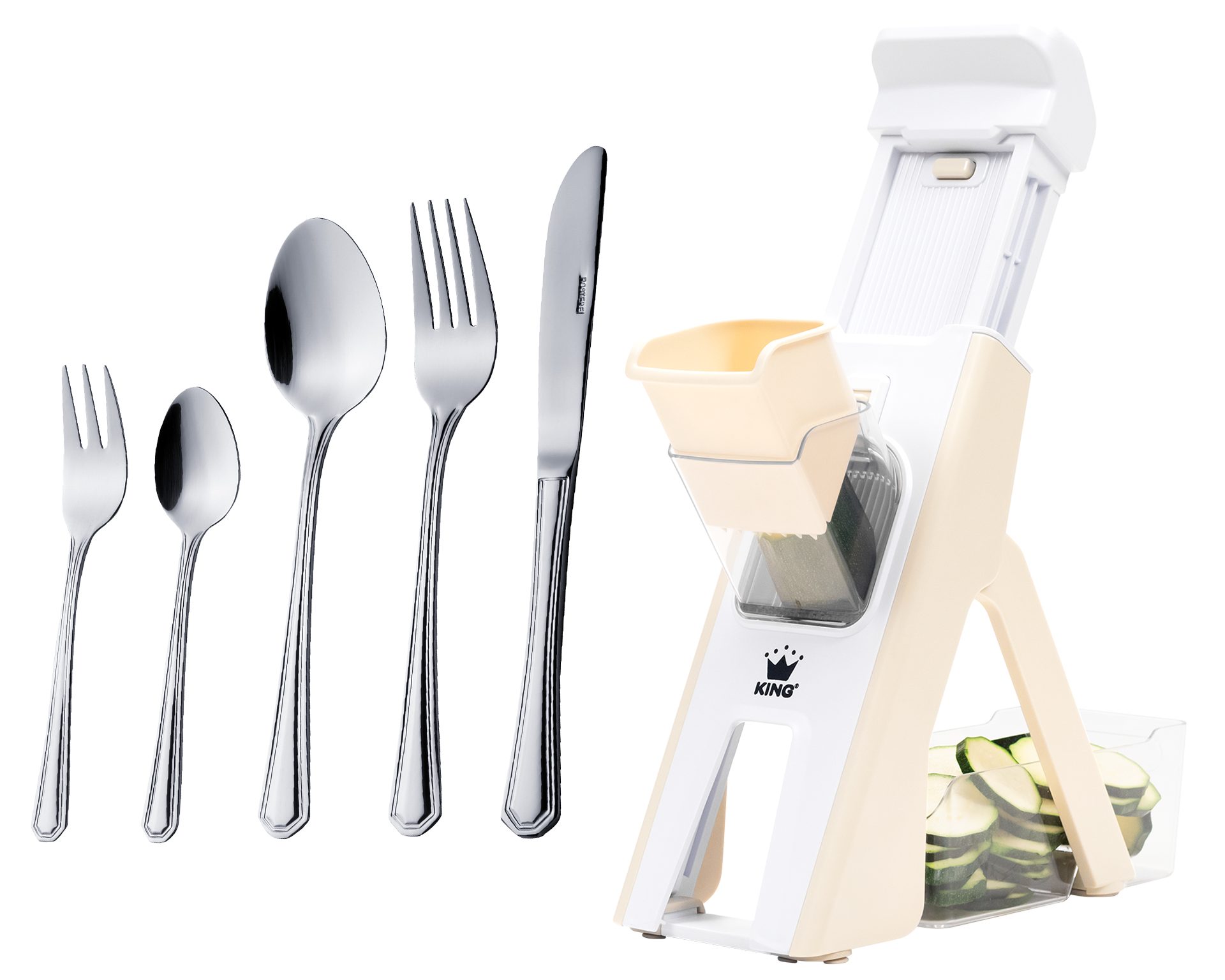 KING Küchenreibe Veggie-Turm-Reibe, Kunststoff, (Set, 31-St., 1 Reibe, 30 tlg. Besteck), Vertikale-Reibe inkl. Auffangbehälter, unterschiedliche Schnittmodi