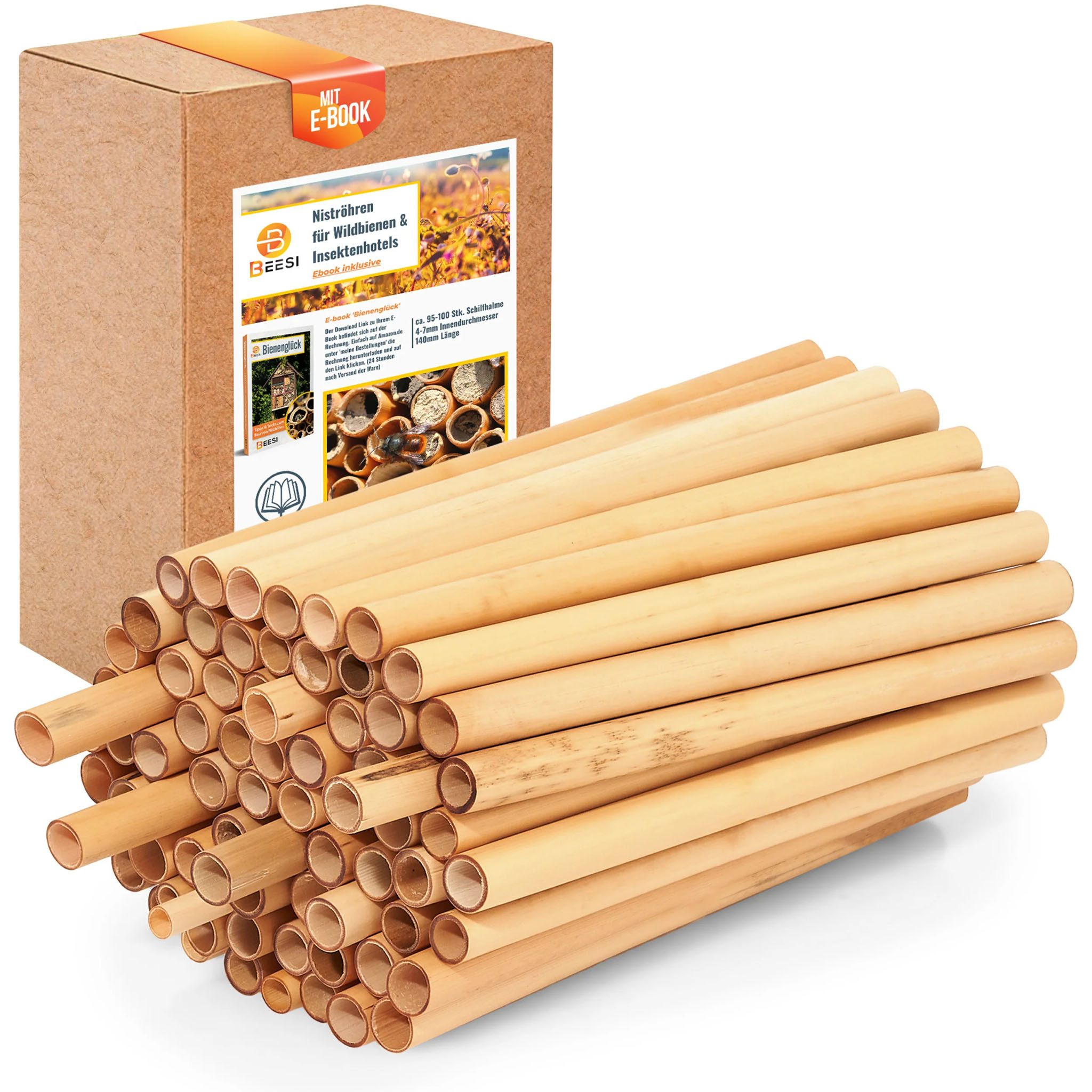 BEESI Insektenhotel 200x Nisthülsen 14 cm lang für Insektenhotel aus Schilf, (Packung, 200-St., Durchmesser 4-7 mm inkl. E-Book), 15T x 15B x 5H cm