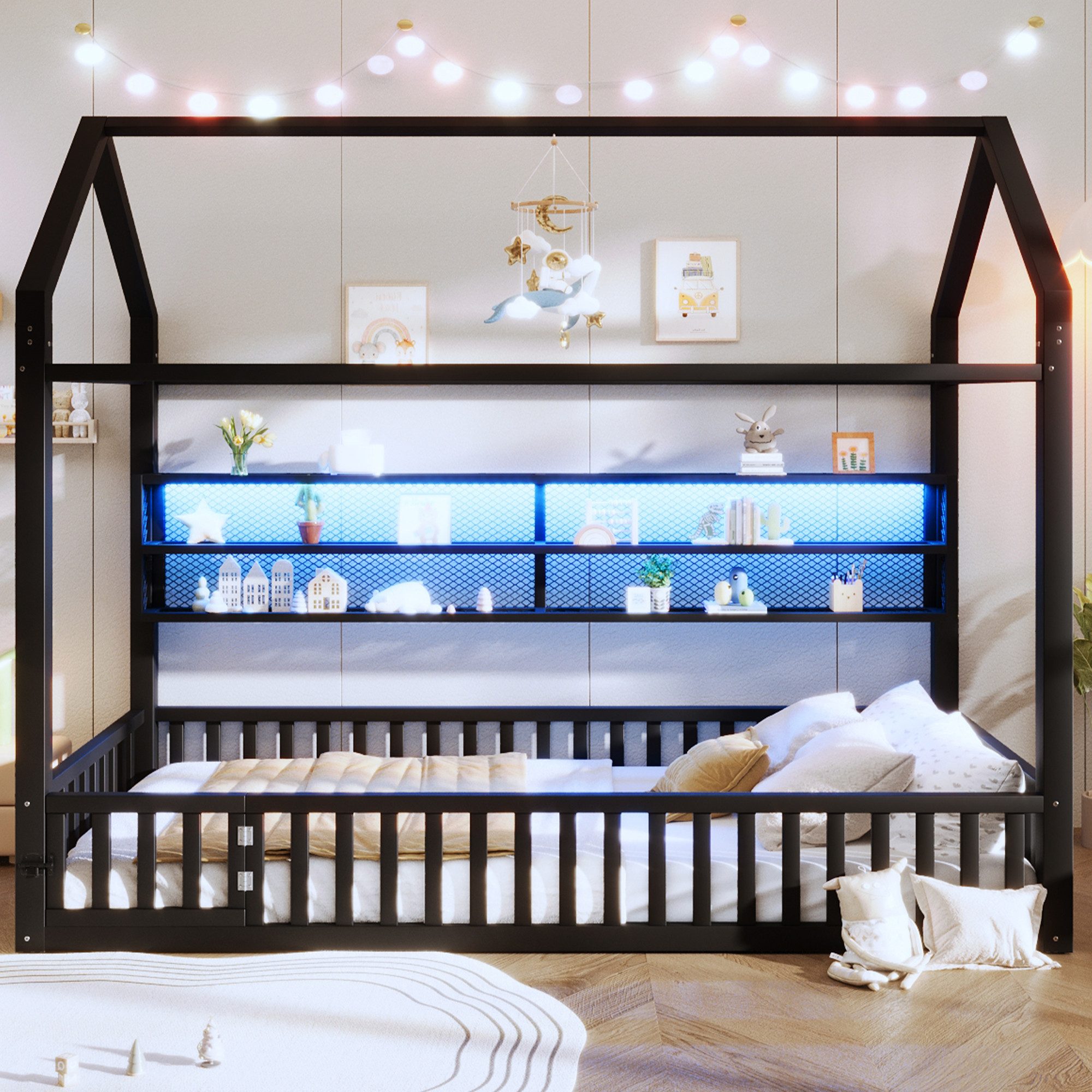 Merax Kinderbett mit LED-Beleuchtung, Plattformbett im Haus-Design (Jugendbett Einzelbett Babybett, 1-tlg., Metallbett), Bodenbett Hausbett 90x200cm mit Ablagefächern, Sicherheitszaun & Tür