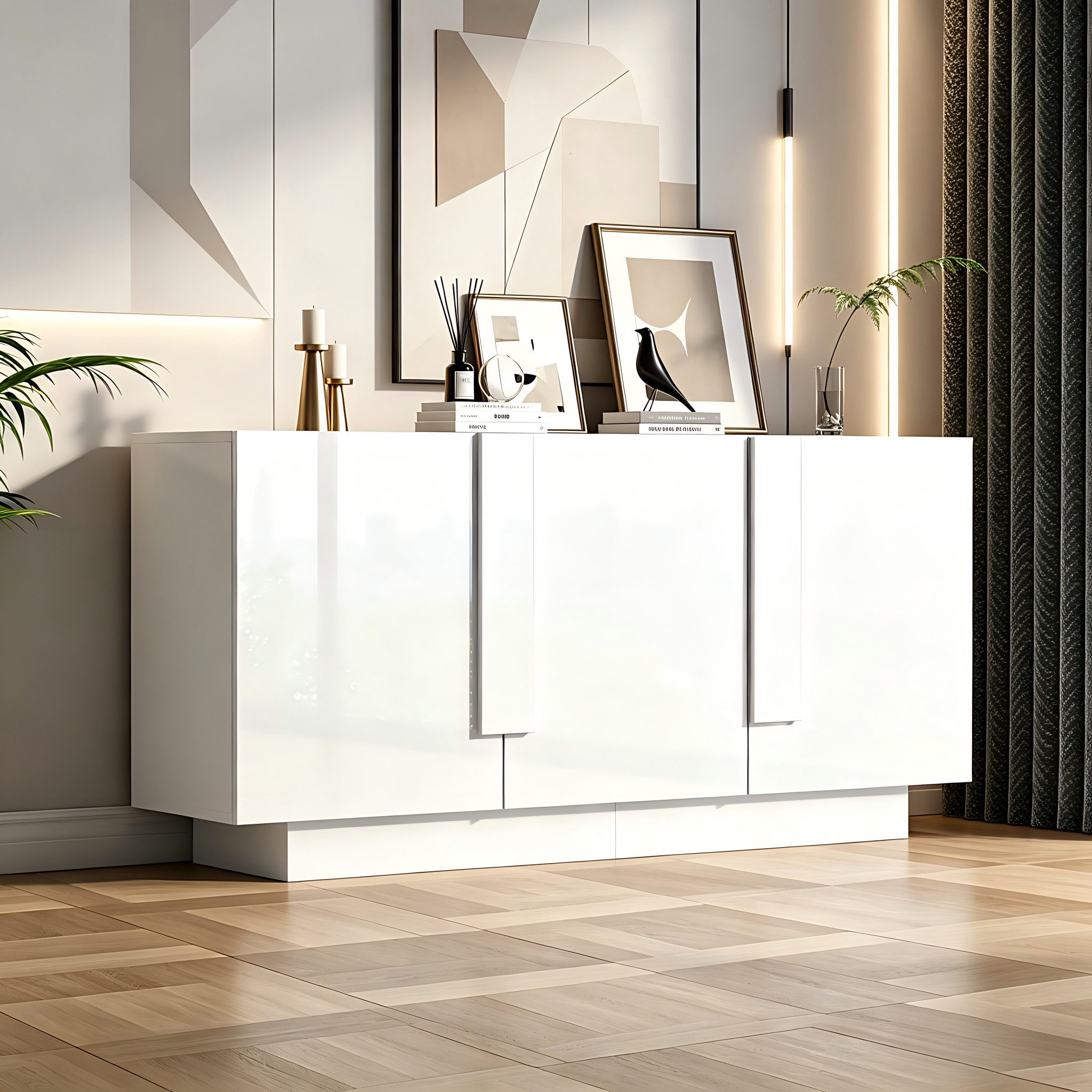 Merax Sideboard Hochglanz Kommode (35 x 160 x 60 cm, 1 St), Wohnzimmerschrank mit 3 Türen, 6 Fächern & großem Stauraum – Bild 3 von 5