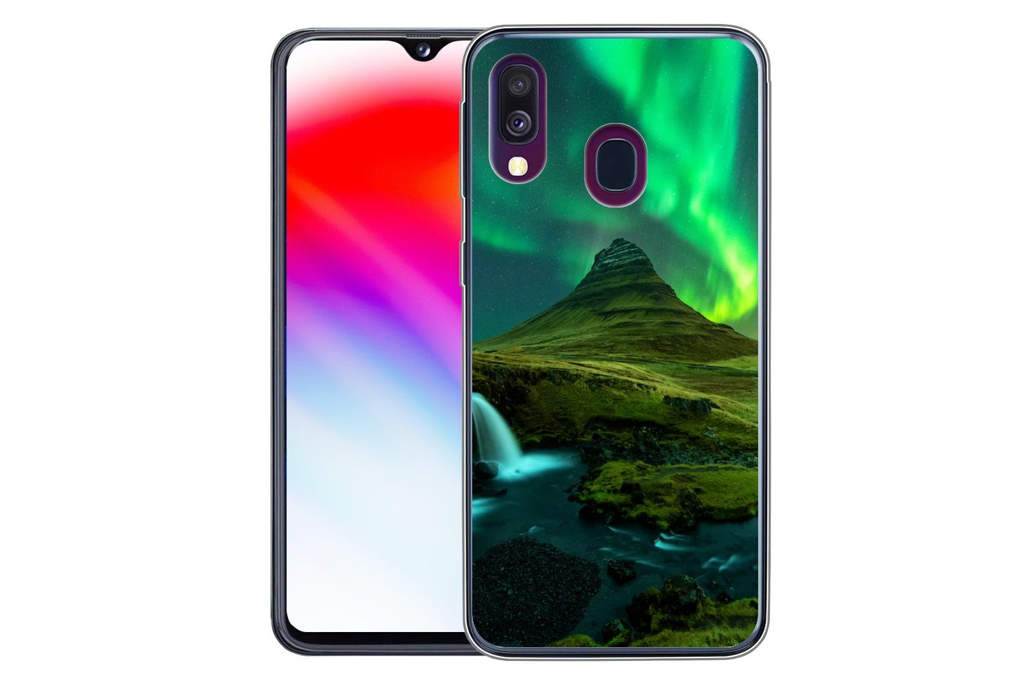 MuchoWow Handyhülle für Samsung Galaxy A40 Nordlichter - Wasserfall - Berg - Island, Smartphone-Bumper, Print, Handy Schutzhülle Dünn