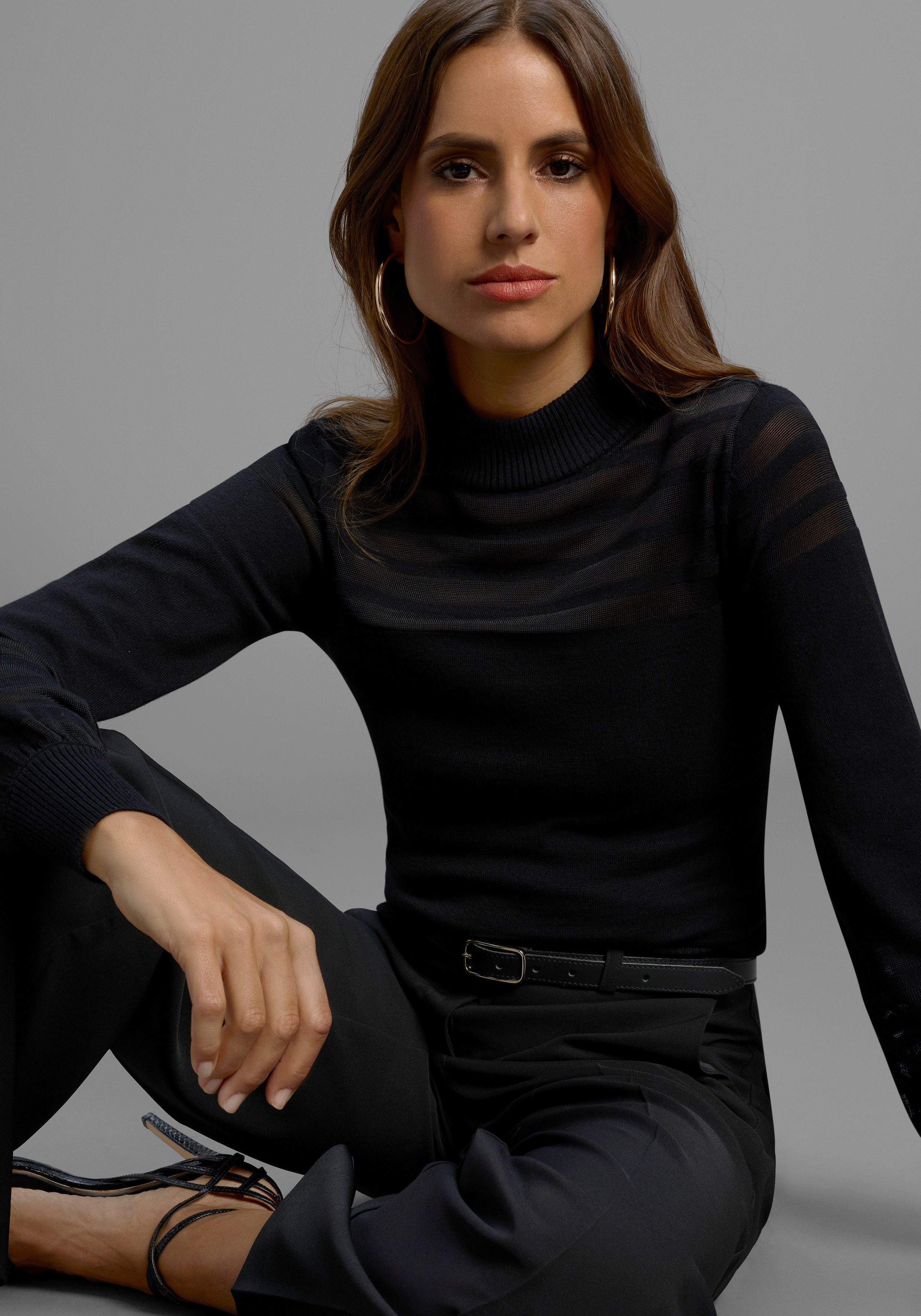 Melrose Stehkragenpullover mit transparenten Streifen und Ballonärmeln günstig online kaufen