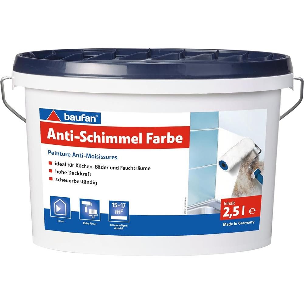 baufan® Wandfarbe Anti-Schimmel-Farbe 2,5 l Schutzfarbe Innenfarbe Antischimmel, zuverlässige Lösung für hygienische und schimmelfreie Wände