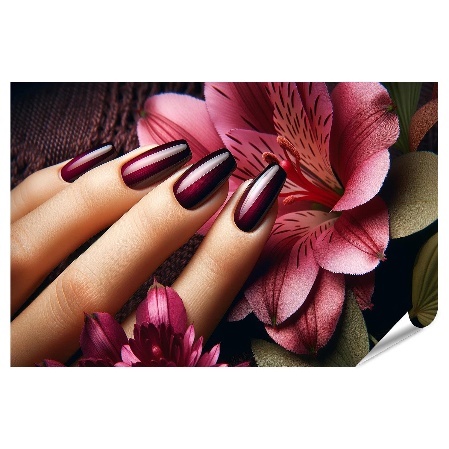 Poster Elegante Maniküre mit Tiefmaroon Lack und Blumenhintergrund Beauty Sal