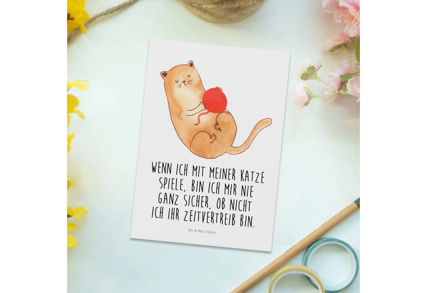 Thumbnail - Mr. & Mrs. Panda Postkarte Katze Wolle - Weiß - Geschenk, Cat, Mieze, Einladung Geburtstag, Ansi, Witzige Sprüche