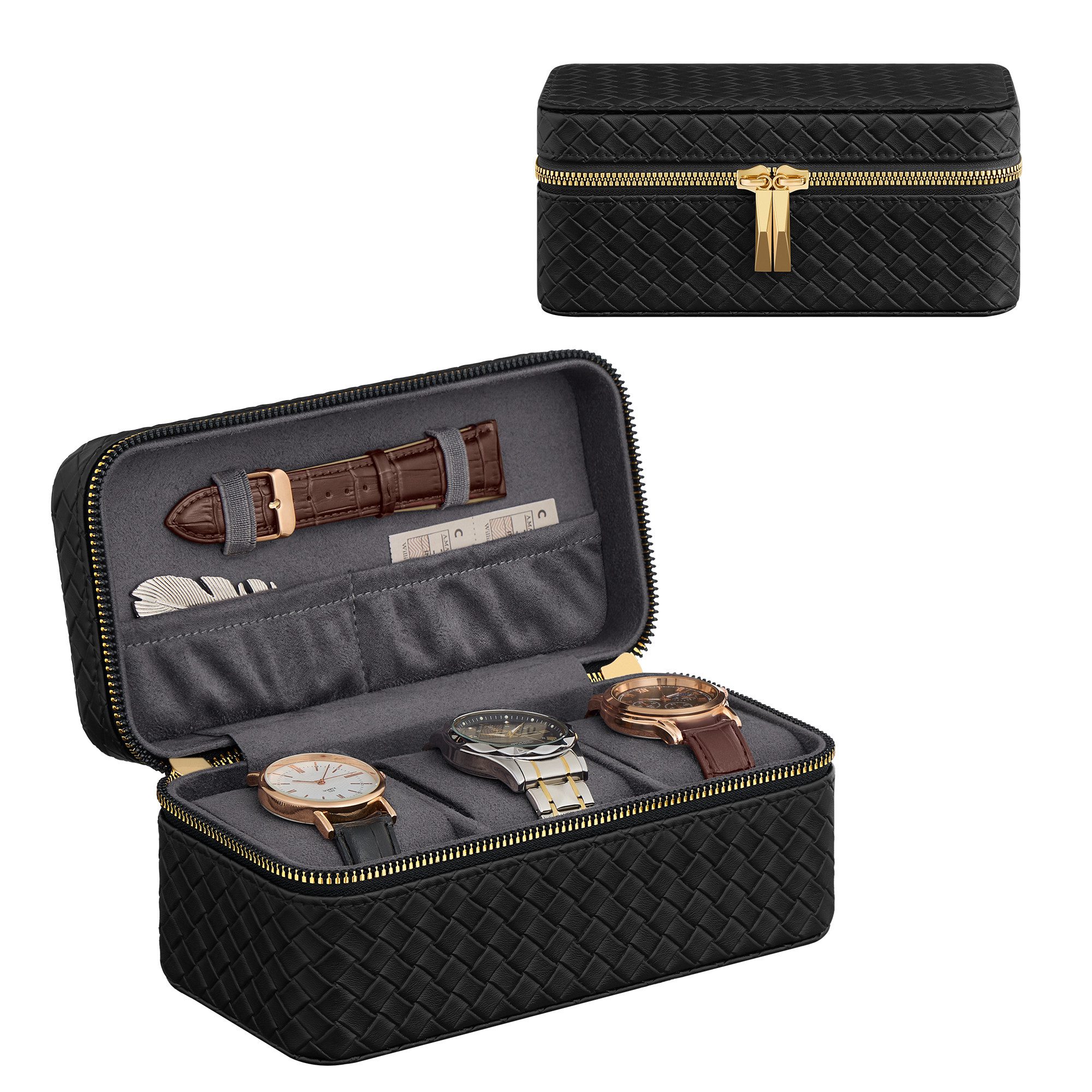 SONGMICS HOME Uhrenbox, RONNE Kollektion, Etui für 3 Uhren, PU im Flechtlook, 10 x 20 x 9 cm