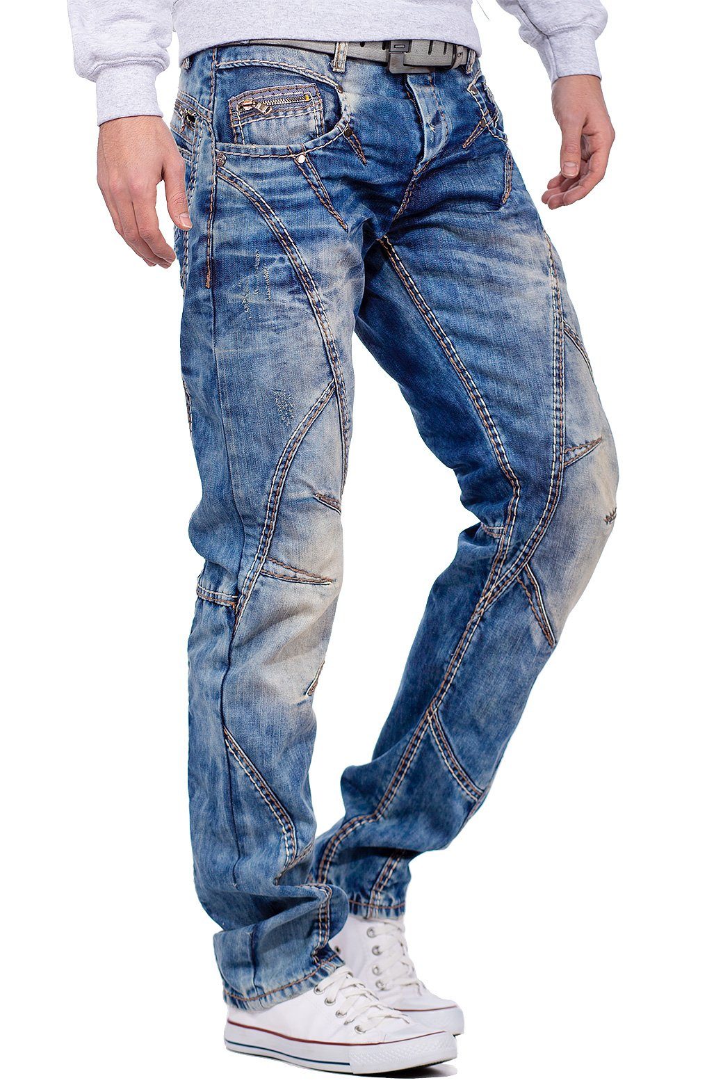 5-Pocket-Jeans Hose & dicken Nähten und Cipo Baxx BA-C0894 Verzierungen mit