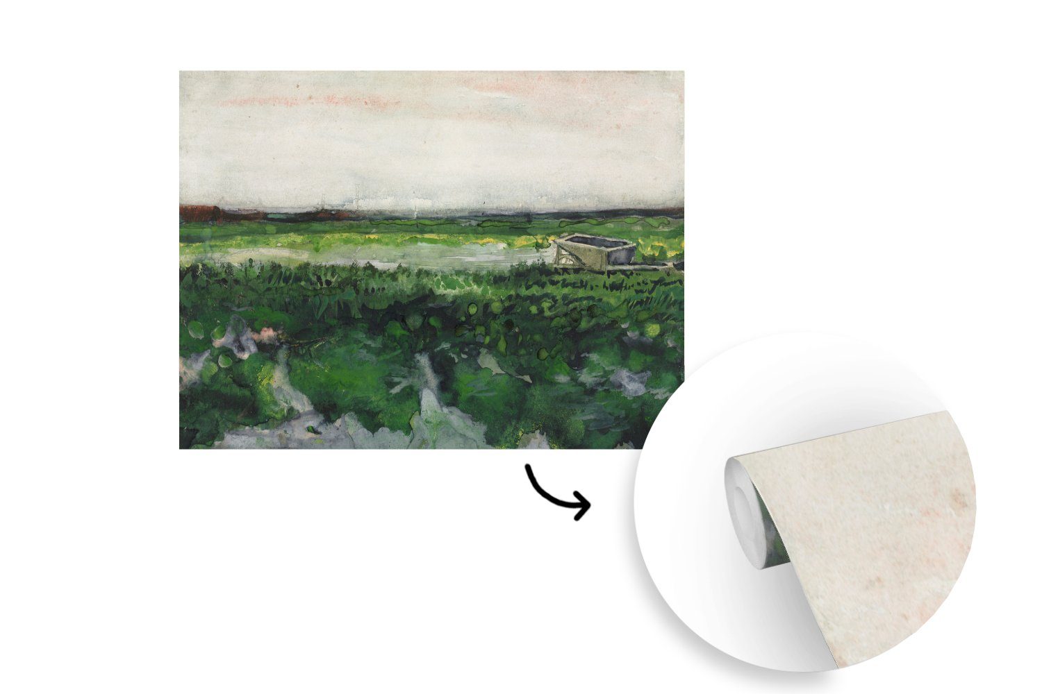 Landschaft bedruckt, (6 Wohnzimmer, Tapete mit Wandtapete für Montagefertig Vinyl Fototapete Matt, St), Gogh, Vincent van MuchoWow Schubkarre -