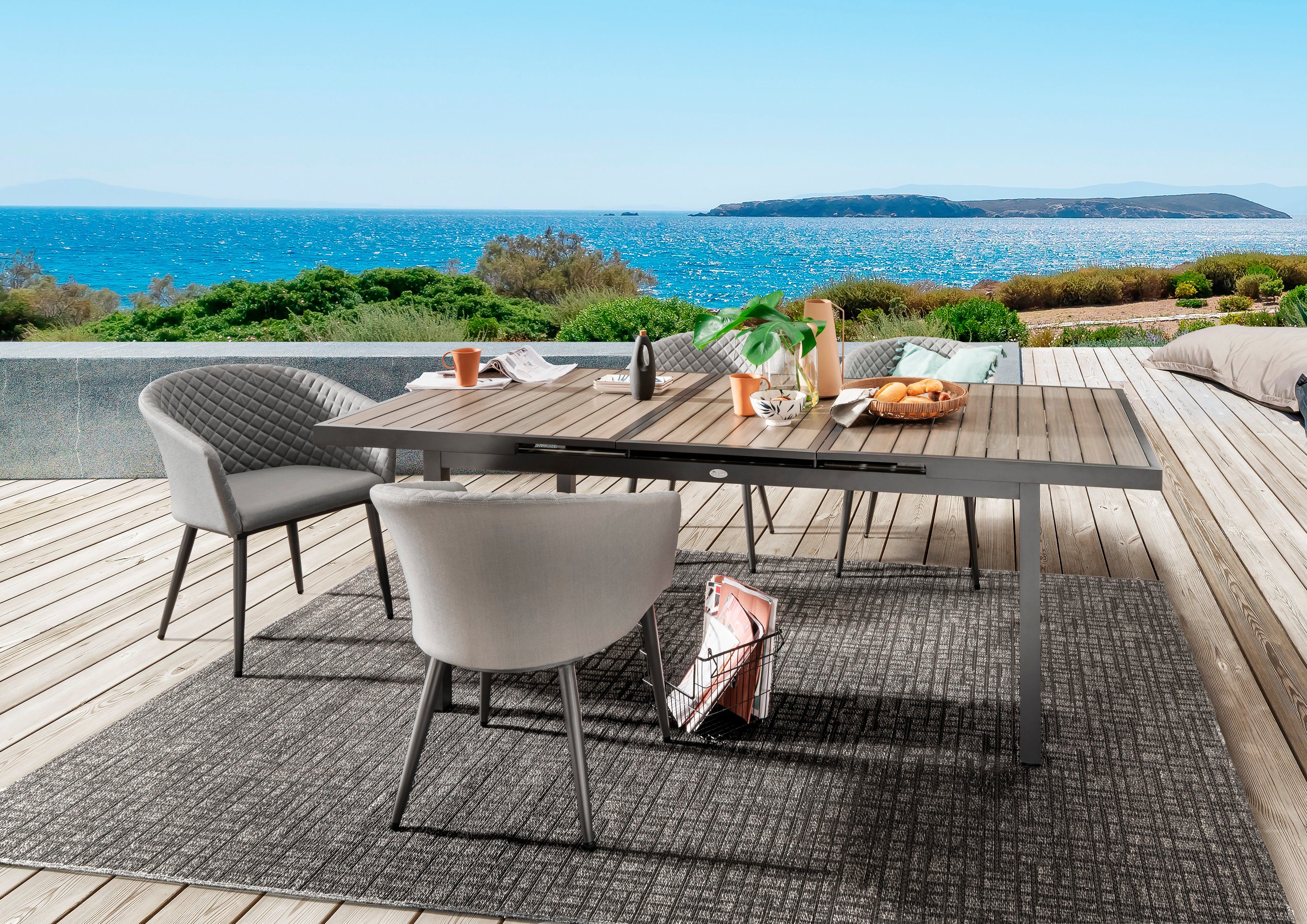 Destiny Garten-Essgruppe MODENA IMOLA 4 Se + Ausziehtisch 165/215x100cm, grau/anthr., (Set, 5-tlg., 4 Sessel, 1 Tisch mit Synchronauszug), Aluminium, Olefin, Polywood