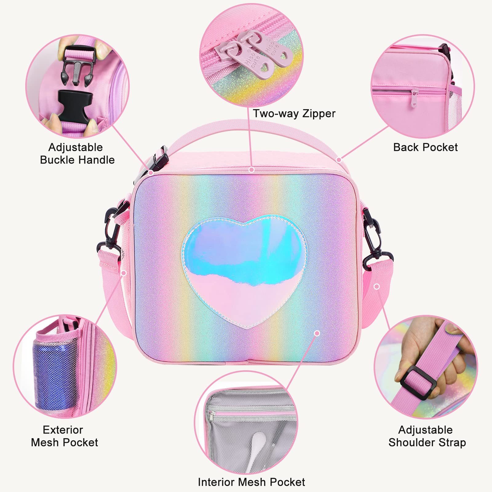 Diwzbyn Lunchbox Lunchbag Isoliert, Auslaufsicher, Regenbogen-Design in Rosa, Mit Laser-Effekt, Wiederverwendbar für Schule & Freizeit